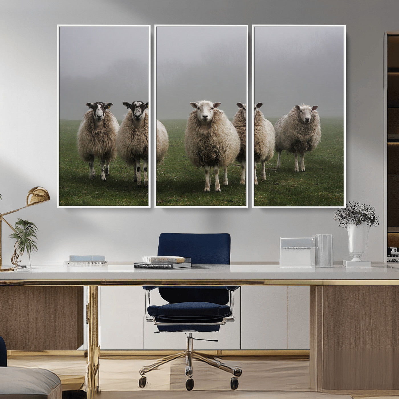 87339-MGV-FC-48X32-3P_White-Flock of Sheep in a Mystical Fog – Pastoral Wall Art Canvas Print, Framed, Ready to Hang