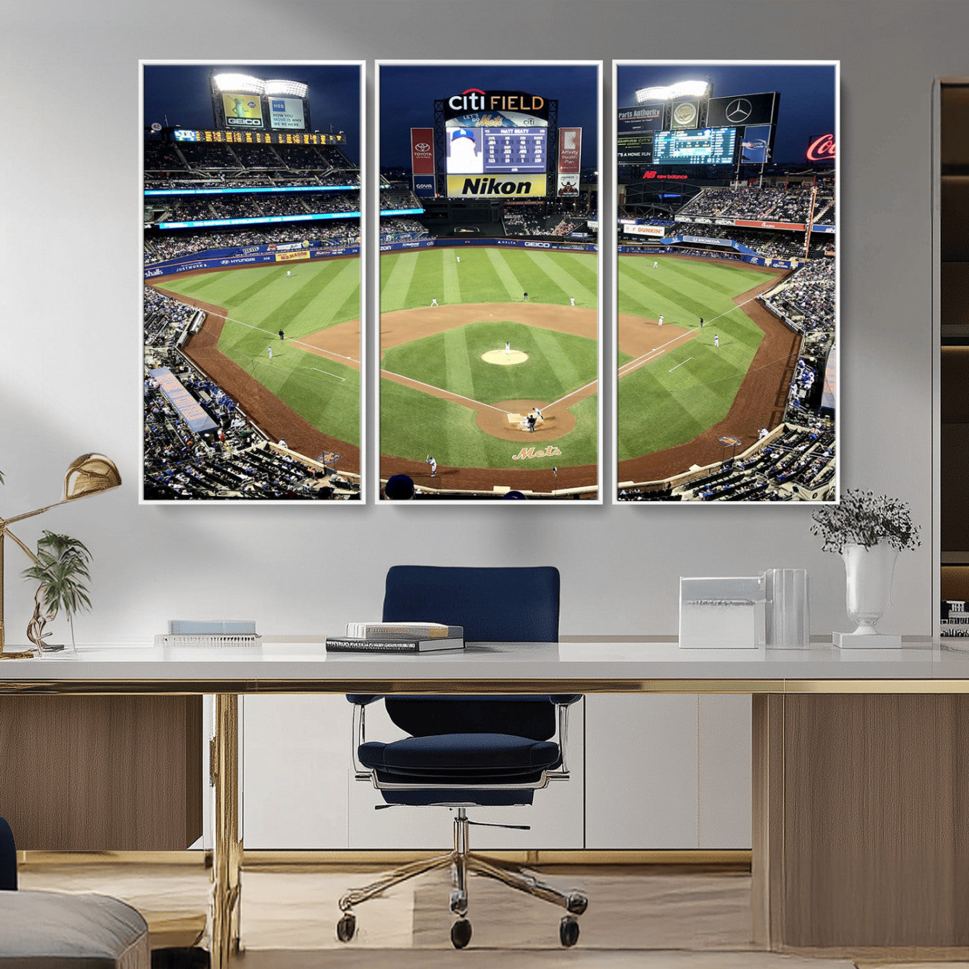 MGV-FC-48X32-3P - Citi Field Wall Art Print | 3-Panel New York Mets Baseball Stadium Canvas Print | Framed Sports Decor for Living Room, Man Cave, or Office Decor