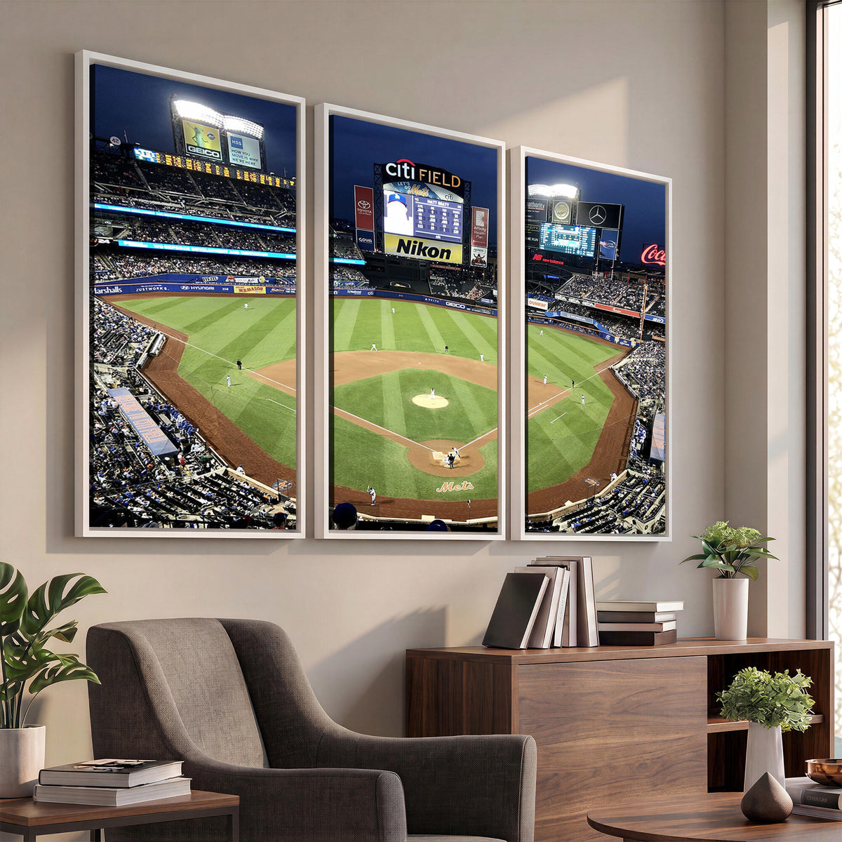 87666-MGV-CV-36X24 - Citi Field Wall Art Print | 3-Panel New York Mets Baseball Stadium Canvas Print | Framed Sports