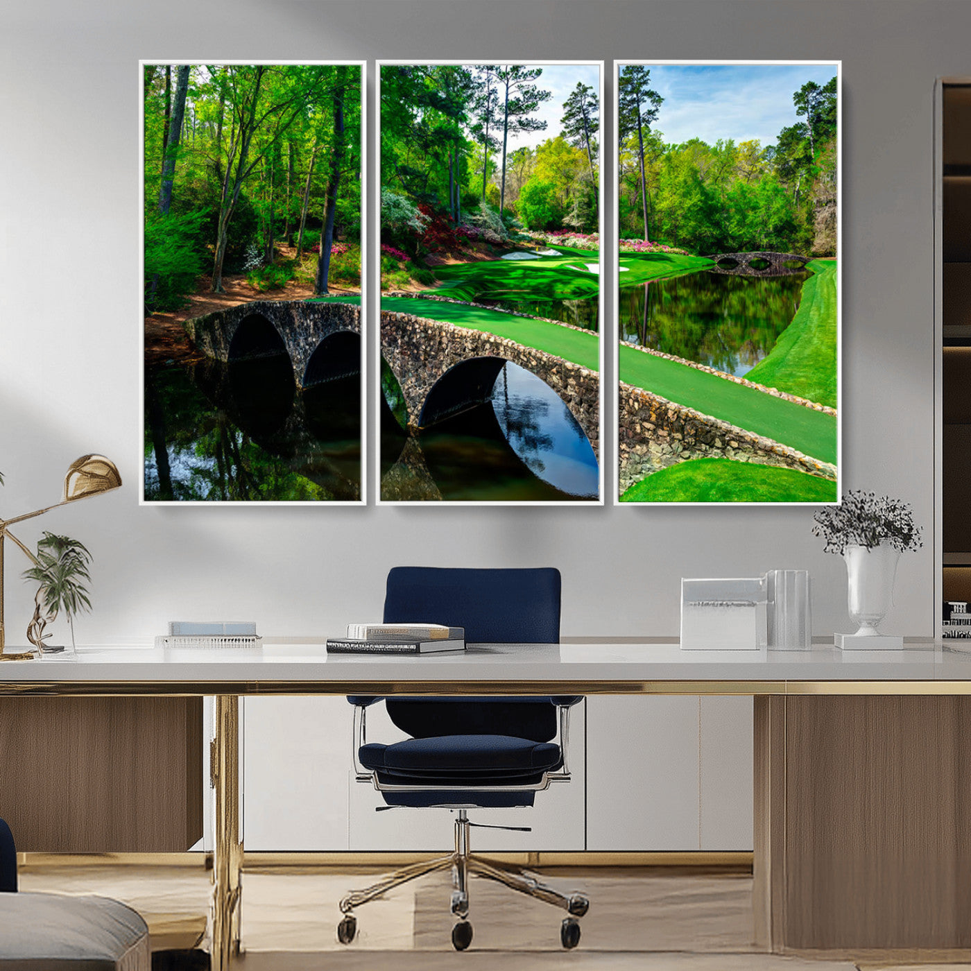 MGV-FC-48X32-3P - Augusta National Golf Club Wall Art - Panoramic Bridge & Lush Greenery – Premium Framed, Ready-to-Hang Triptych Canvas
