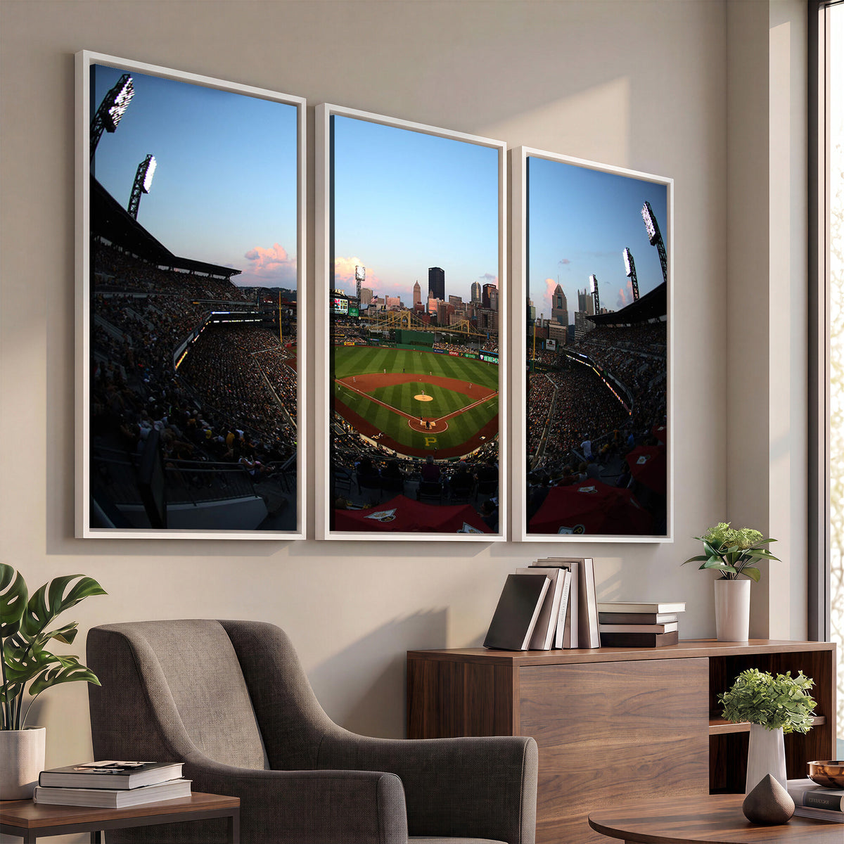 67670-MGV-CV-36X24 - PNC Park Evening Game Triple Canvas Wall Art | Pittsburgh Pirates MLB Stadium