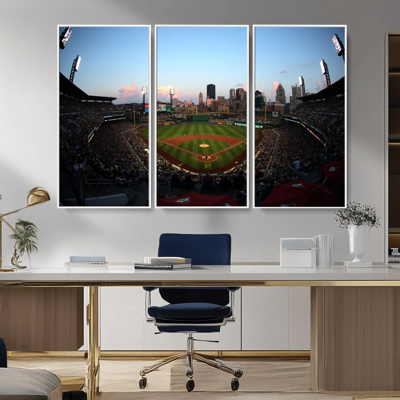 MGV-FC-48X32-3P - PNC Park Evening Game Triple Canvas Wall Art - Pittsburgh Pirates MLB Match - PNC Park Stadium Wall Art Canvas Print