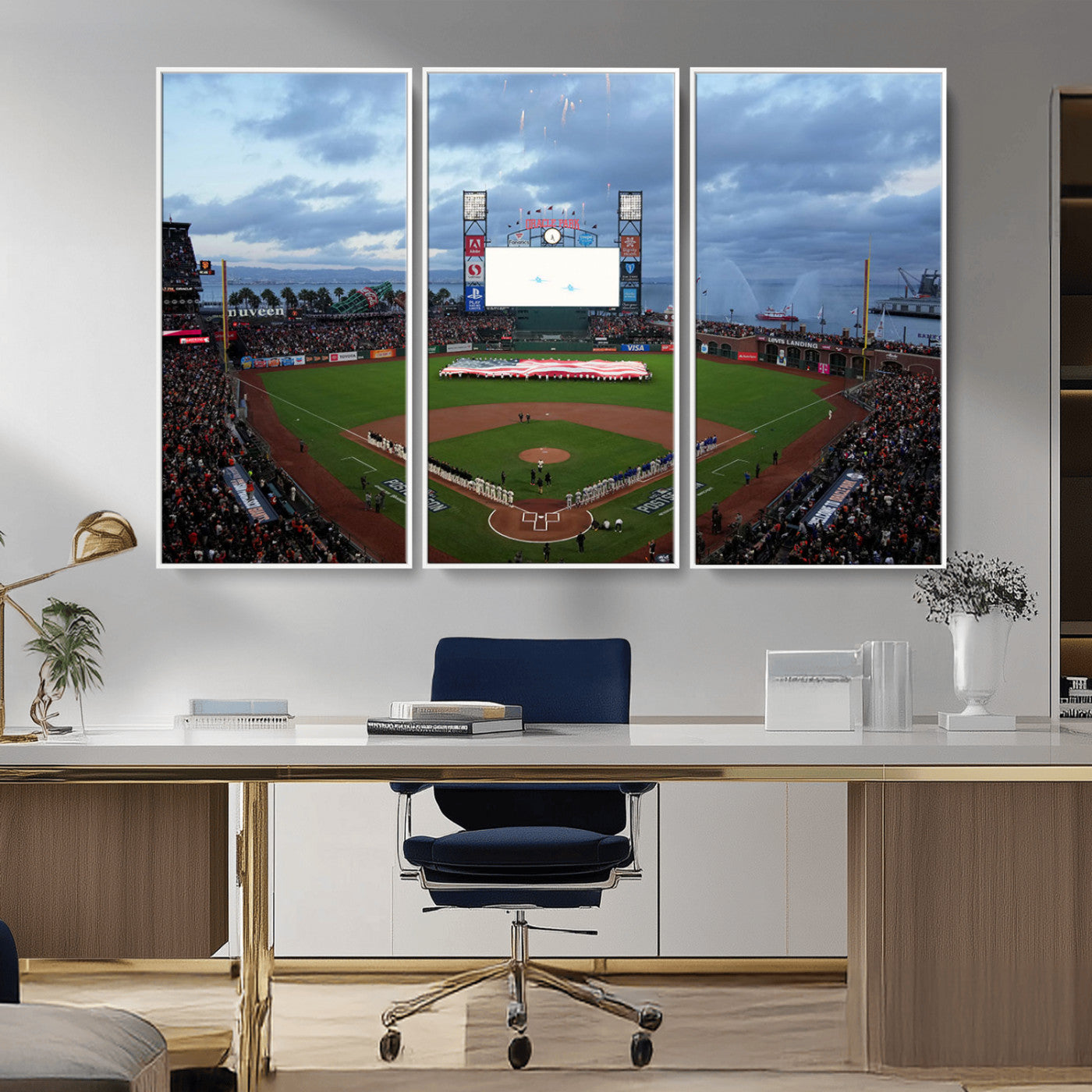 MGV-FC-48X32-3P - Oracle Park San Francisco Giants Wall Art | 3-Panel Canvas Print of Oracle Park Stadium | Large Framed Baseball Wall Decor | Ready-to-Hang MLB Canvas Print