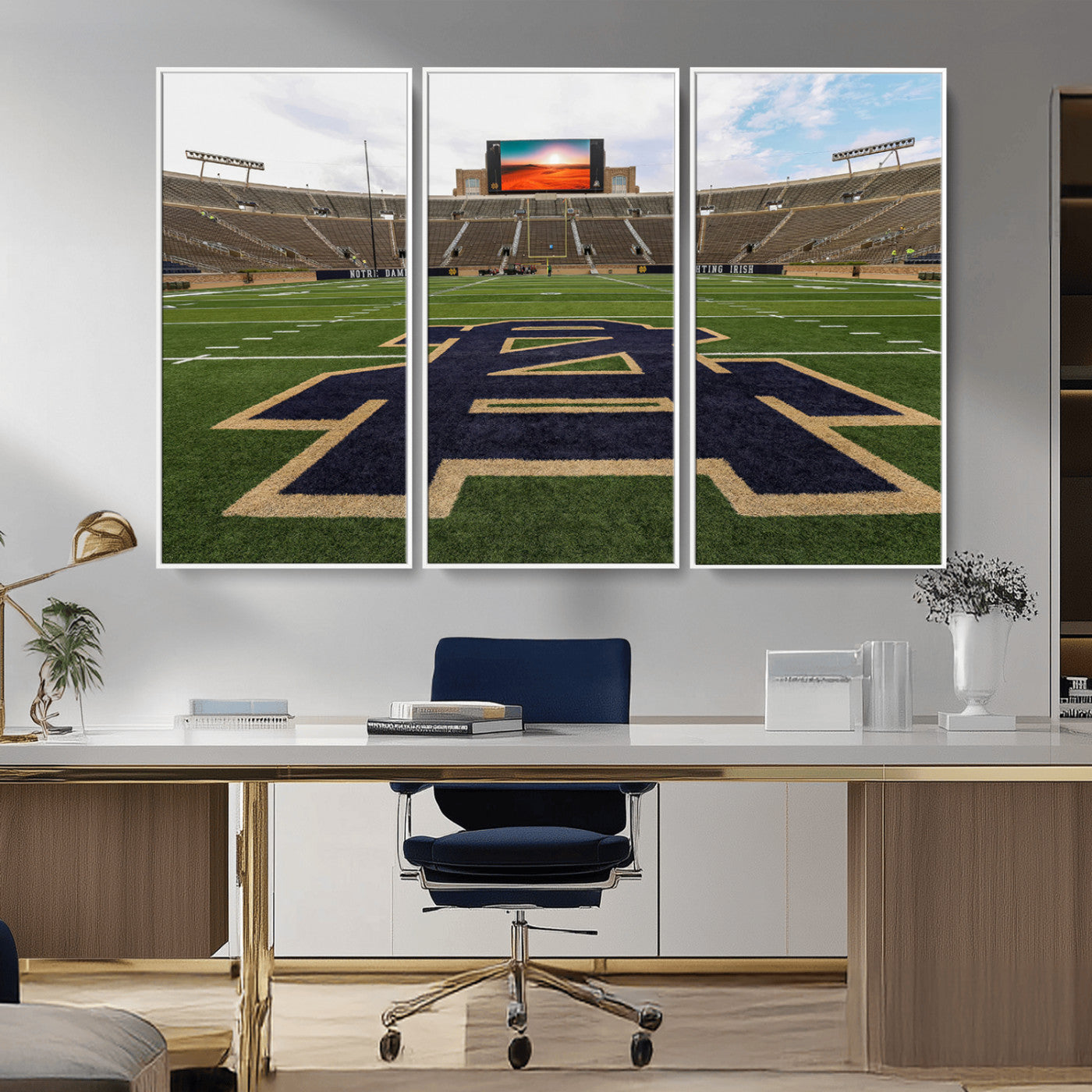 MGV-FC-48X32-3P - Notre Dame Stadium Giclee Canvas Print | Triptych Wall Art Featuring Iconic Notre Dame Football Field | Ready-to-Hang Sports Stadium Decor