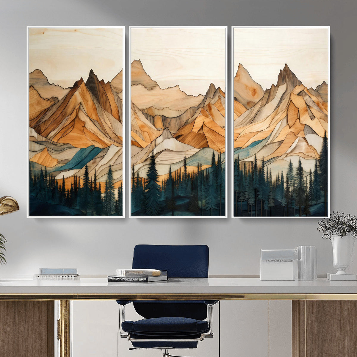 31576-MGV-CV-36X24 - Geometric Wood Mountain Landscape Wall Art Canvas Print, Rustic Forest Painting Print