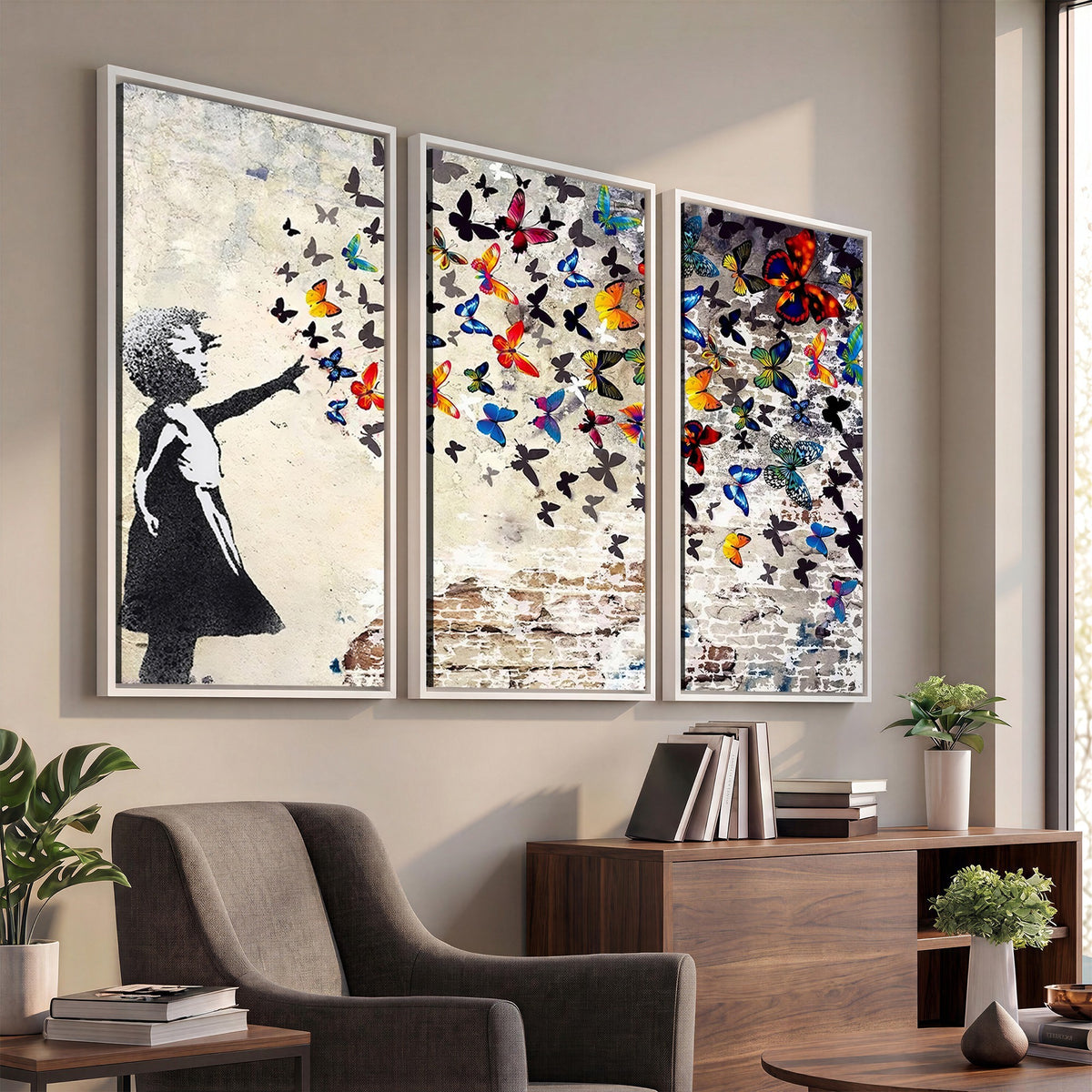 97895-MGV-CV-24X16 - Banksy Graffiti Wall Art Canvas Print, Girl Releasing Vibrant Butterflies