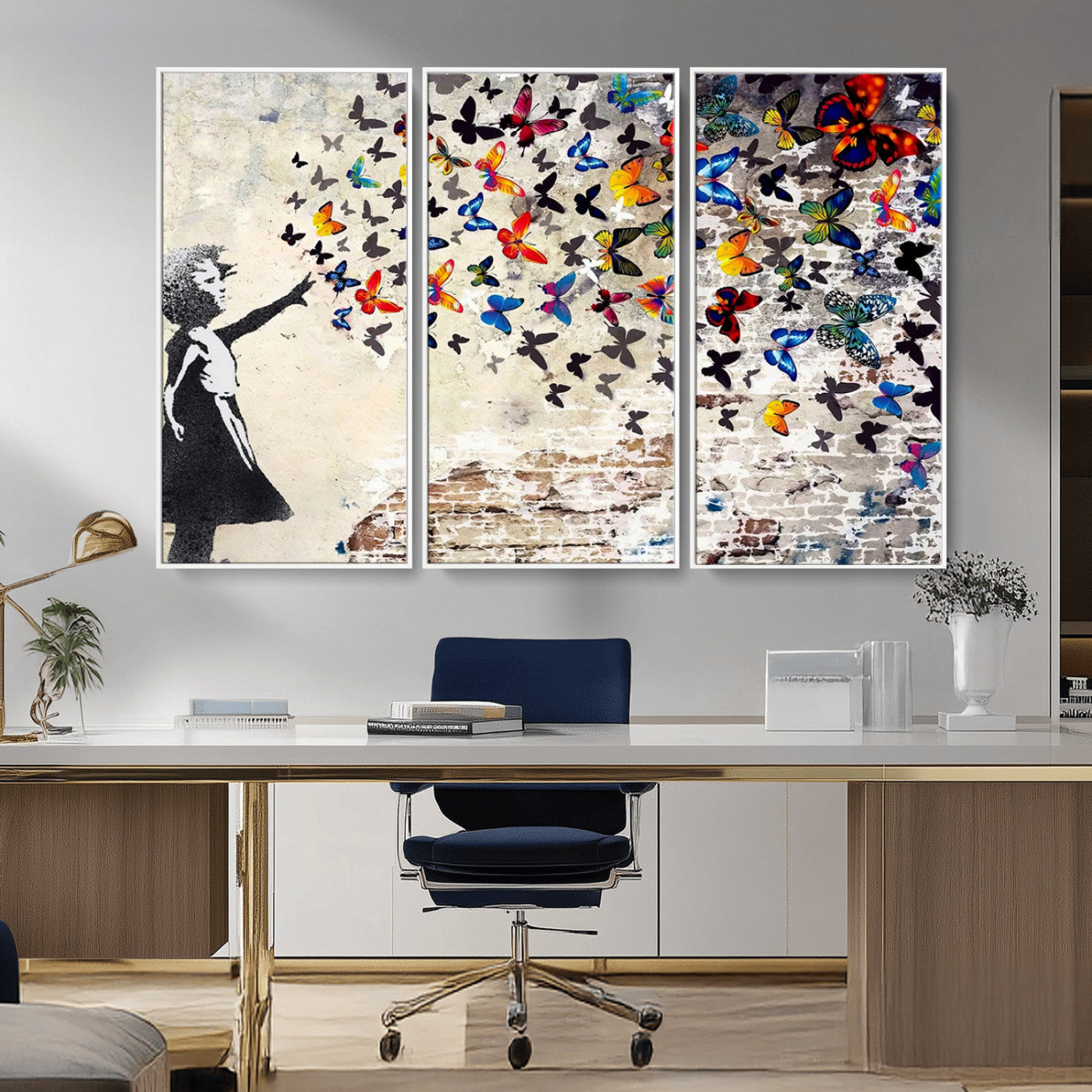 MGV-FC-48X32-3P - Banksy Graffiti Wall Art Canvas Print: Girl Releasing Vibrant Butterflies – Ready to Hang