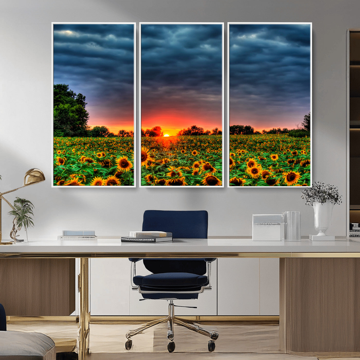 MGV-FC-48X32-3P - Golden Sunflower Field at Sunset – Breathtaking Sky and Vibrant Flowers, Ready to Hang Wall Art