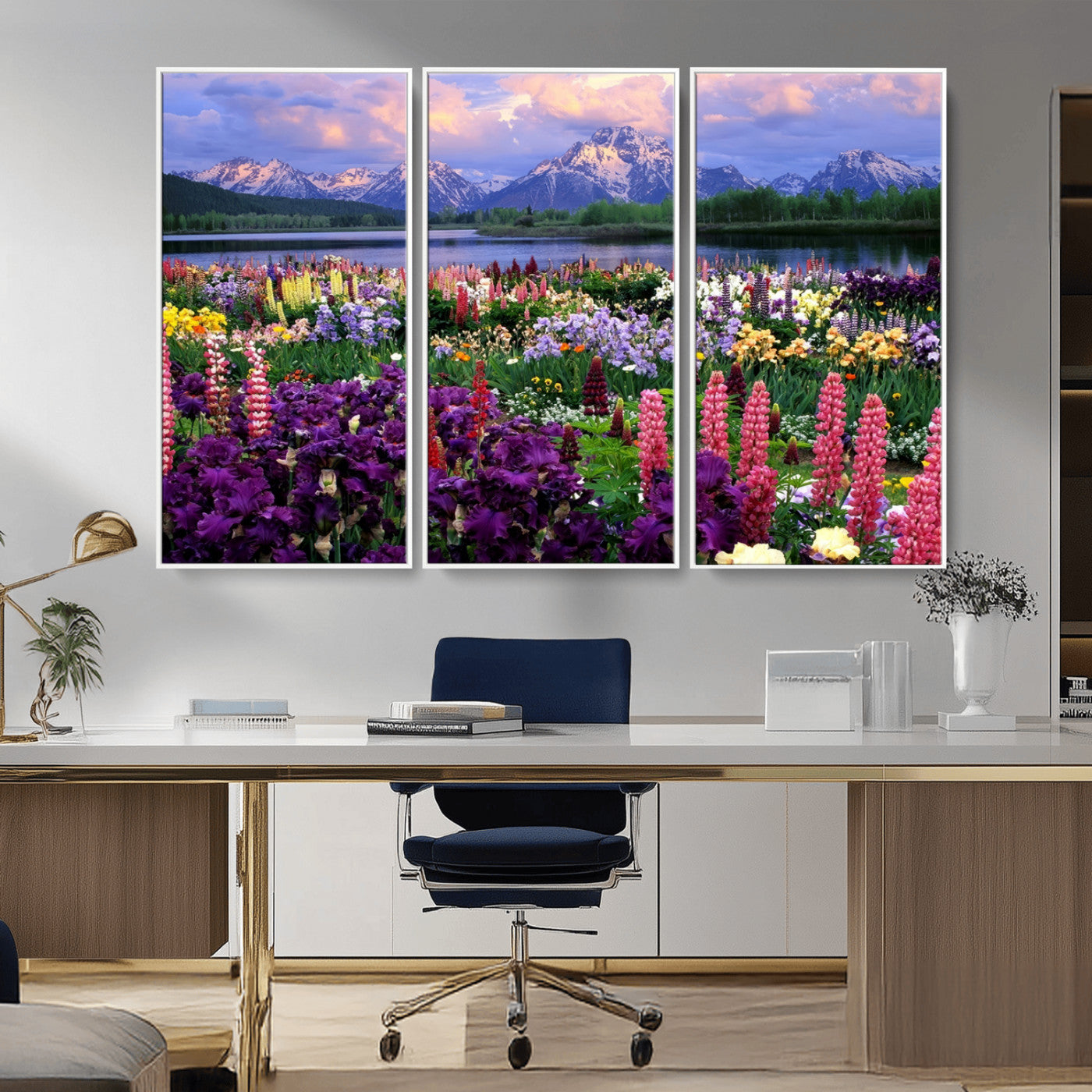 MGV-FC-48X32-3P - Vibrant Wildflower Garden and Mountain View Giclee Canvas Print | Floral Wall Art for Living Room