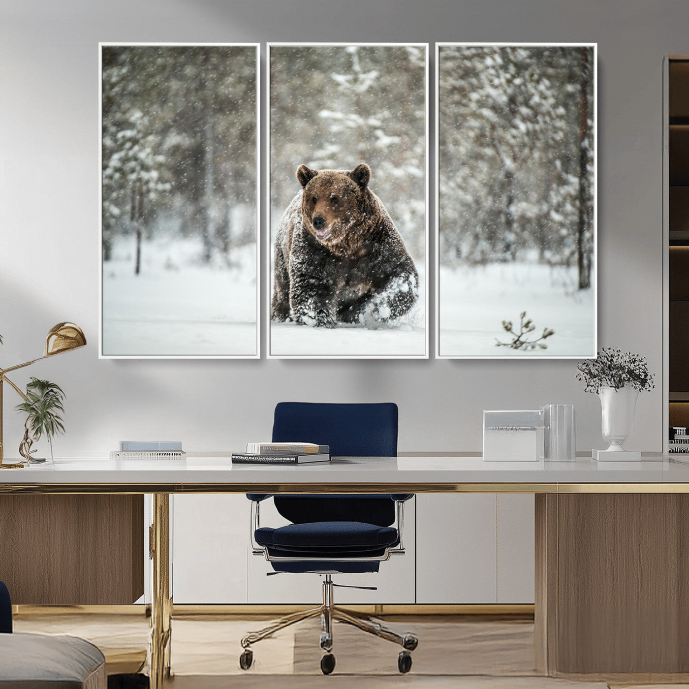 A majestic brown bear moves through a snowy forest landscape, surrounded by falling snowflakes, capturing the essence of wildlife in winter.