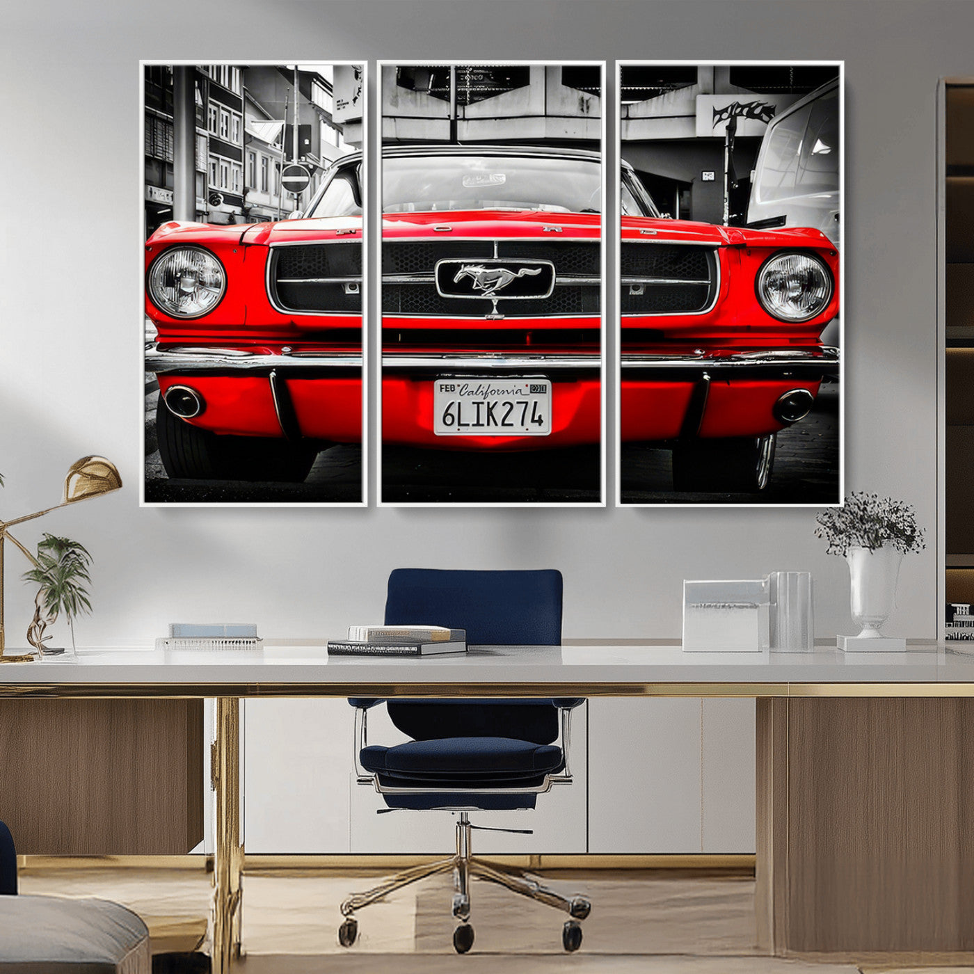 Front view of a bold red 1960s Ford Mustang parked in an urban environment, captured in dramatic contrast with a black-and-white city backdrop, emphasizing its timeless American muscle car identity.