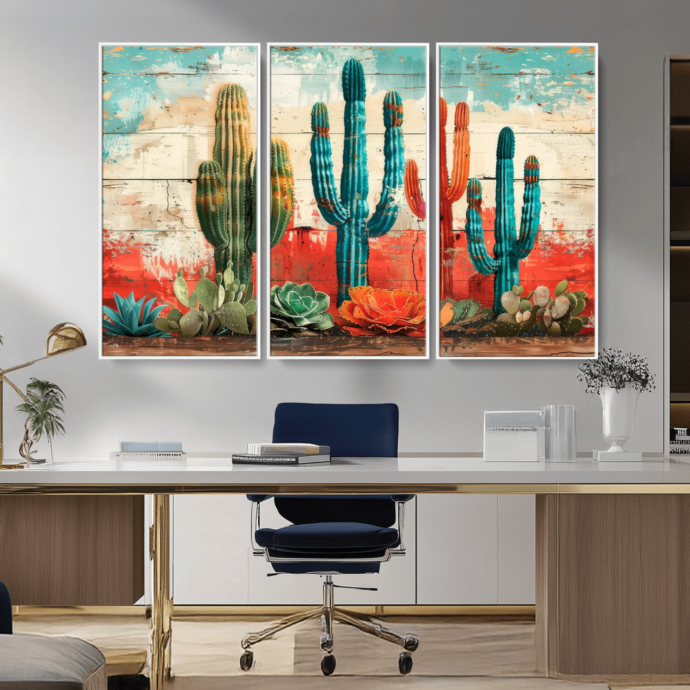 A vivid southwestern-style artwork featuring an eclectic mix of cacti and succulents painted against a textured, rustic wood backdrop in rich turquoise, red, and orange hues.