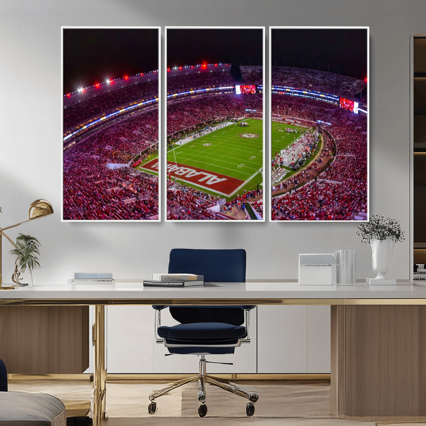 MGV-FC-48X32-3P - Bryant-Denny Stadium Night Game Triple Canvas Wall Art - Alabama Crimson Tide Football Match