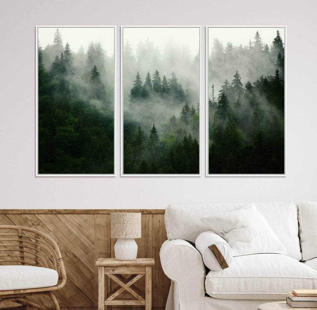 Misty Forest Mountain Wall Art | Large 3-Panel Foggy Landscape Canvas Print | Misty Forest Canvas Art | Nature Wall Art for Home | Mountain Fog Print