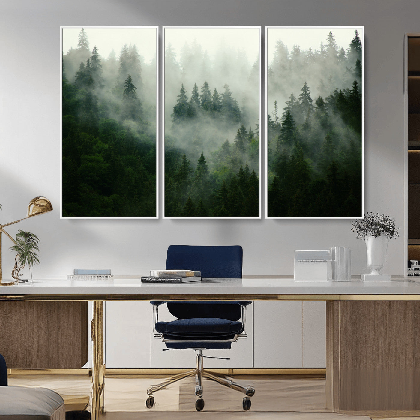 MGV-FC-48X32-3P - Misty Forest Wall Art Canvas Print - Foggy Forest Landscape Canvas Wall Art – Serene Triptych Nature