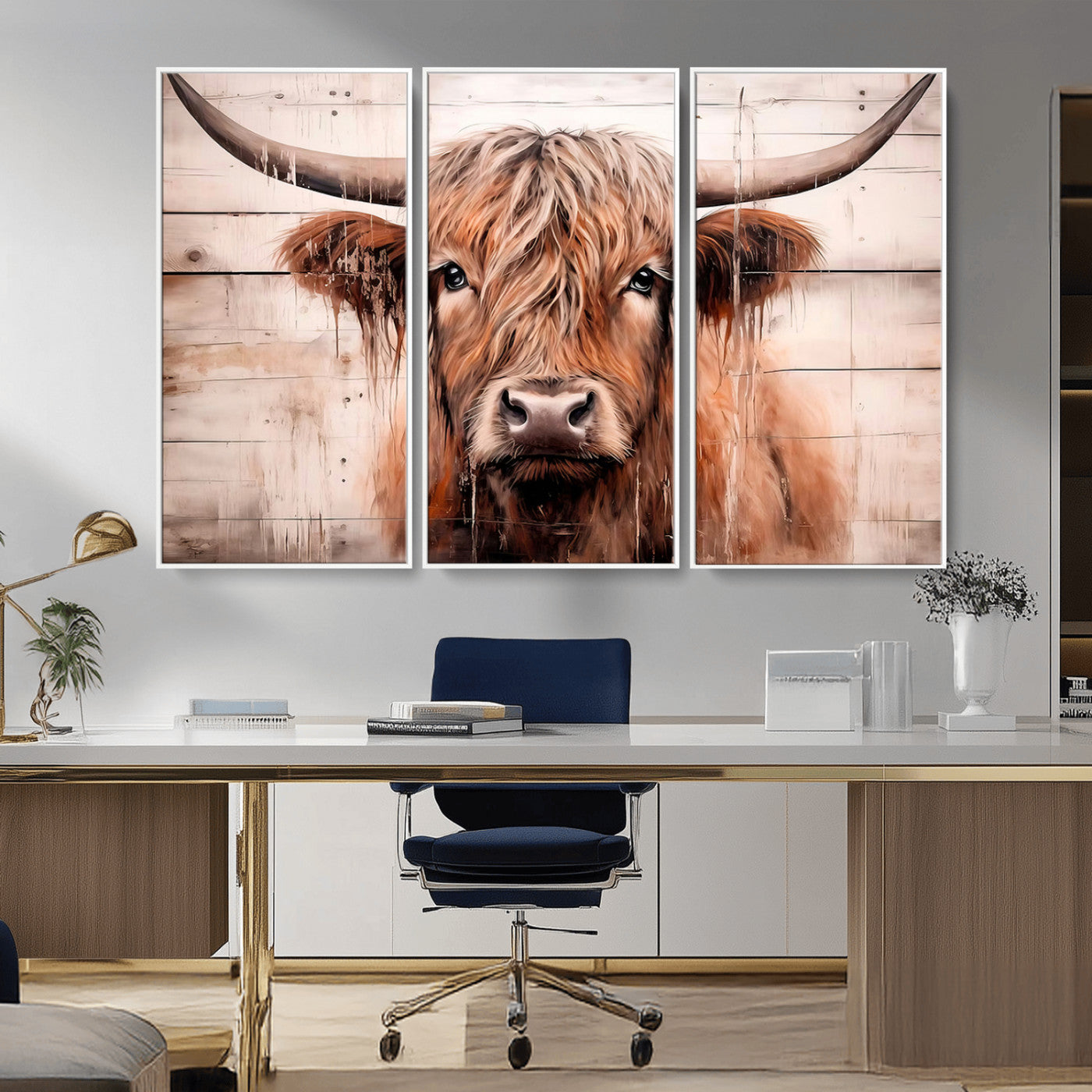 MGV-FC-48X32-3P - Vintage Scottish Highland Cow Cattle Art Print Farmhouse Wall Art Canvas Print