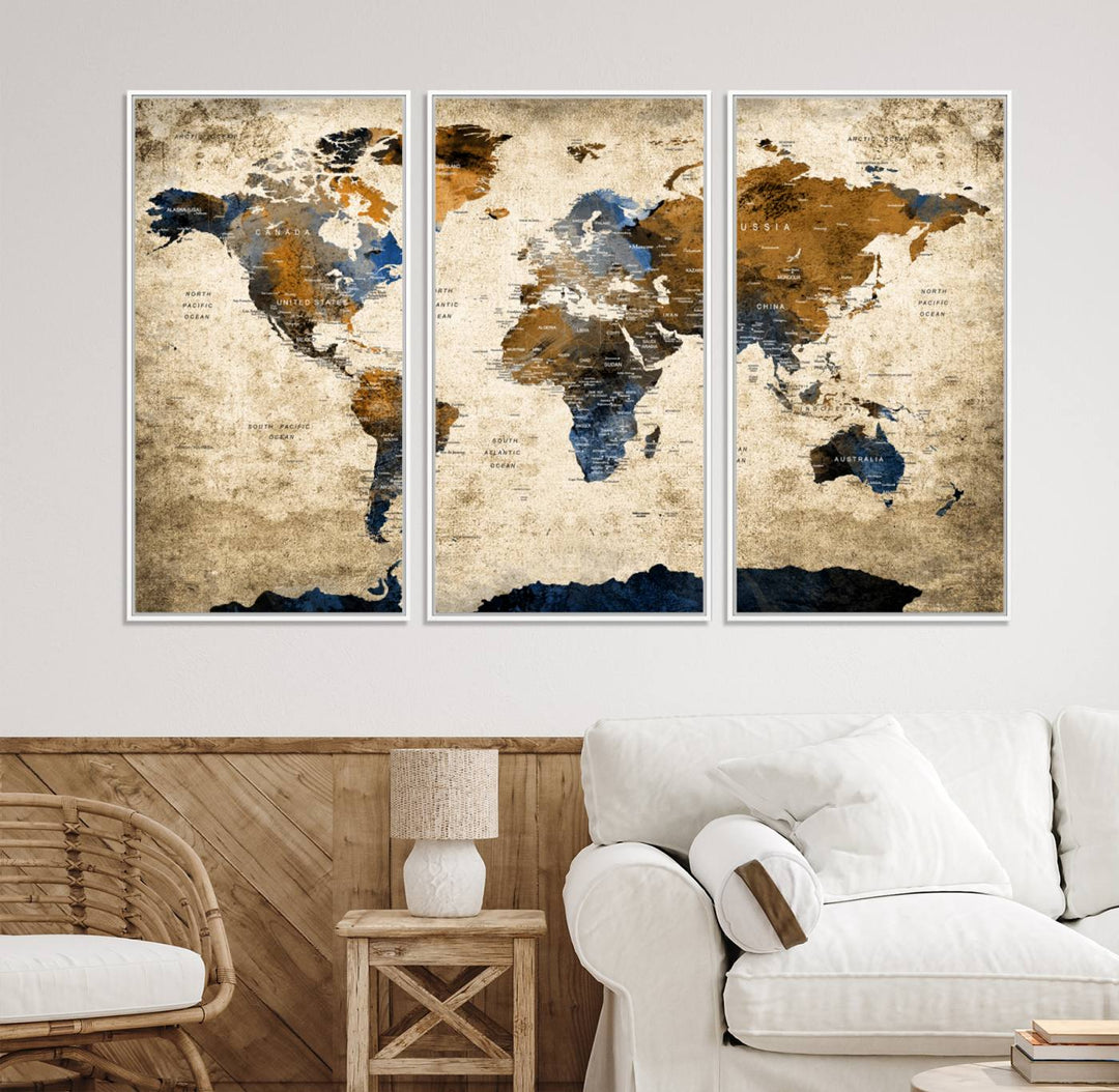 A Vintage World Map Canvas featuring brown, blue, and white on a textured background. Ideal for wall art in living rooms or offices.