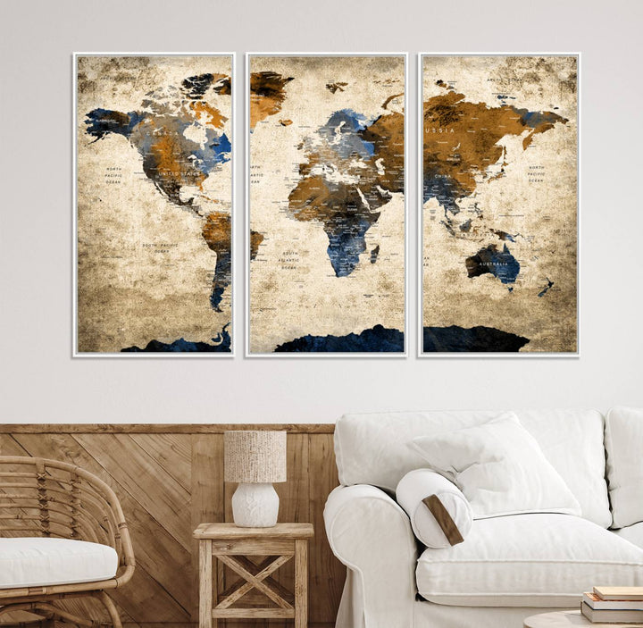 A Vintage World Map Canvas featuring brown, blue, and white on a textured background. Ideal for wall art in living rooms or offices.