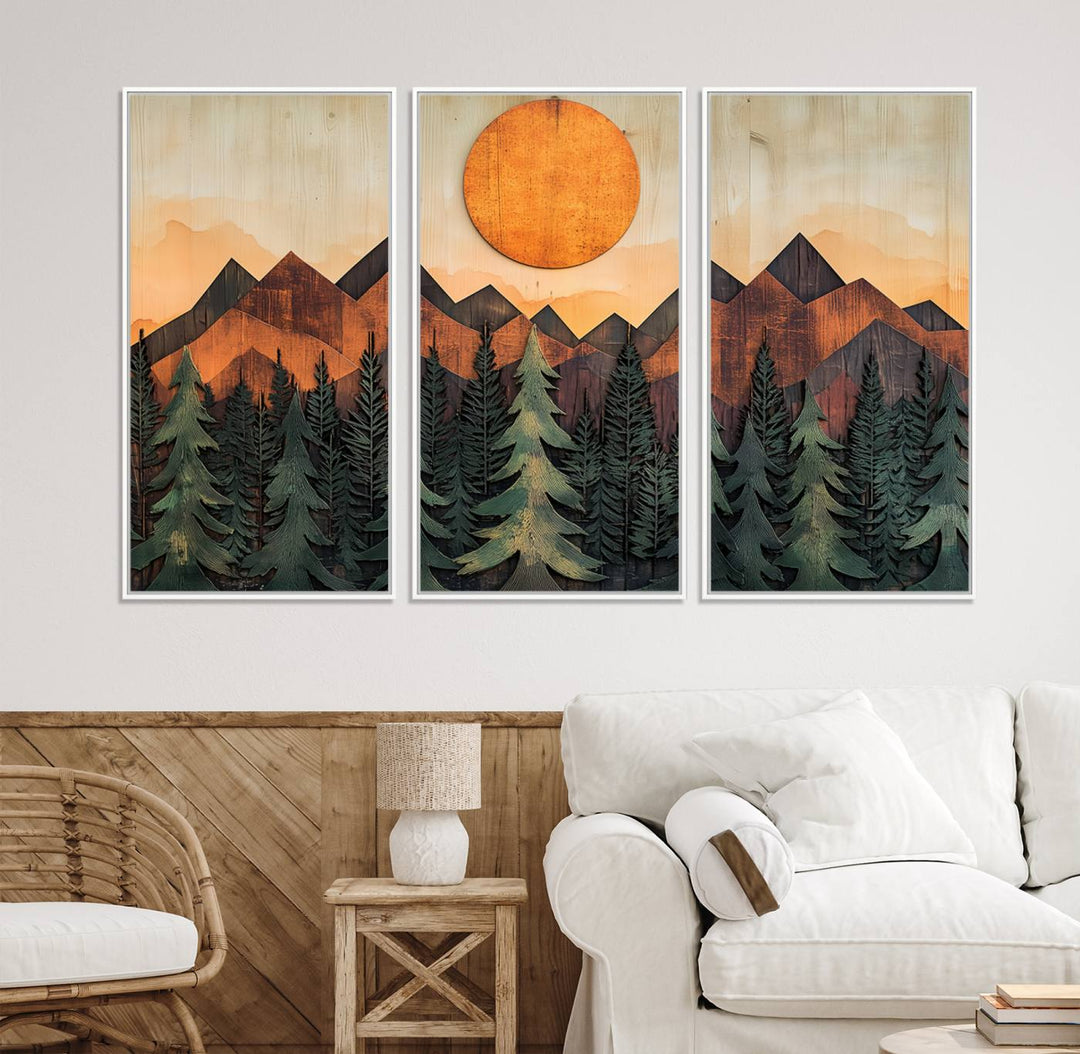 Sunset Mountain Landscape canvas wall art print featuring forest and wooden textures in green, brown, and orange.