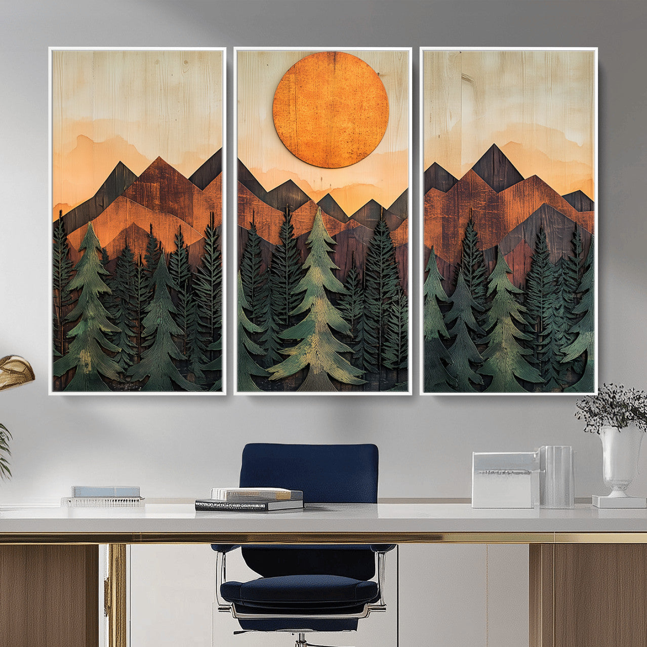 77739-MGV-CV-36X24 - Wood Style Sunset Mountain Landscape Canvas Wall Art Print - Nature Decor for Living Room, Office
