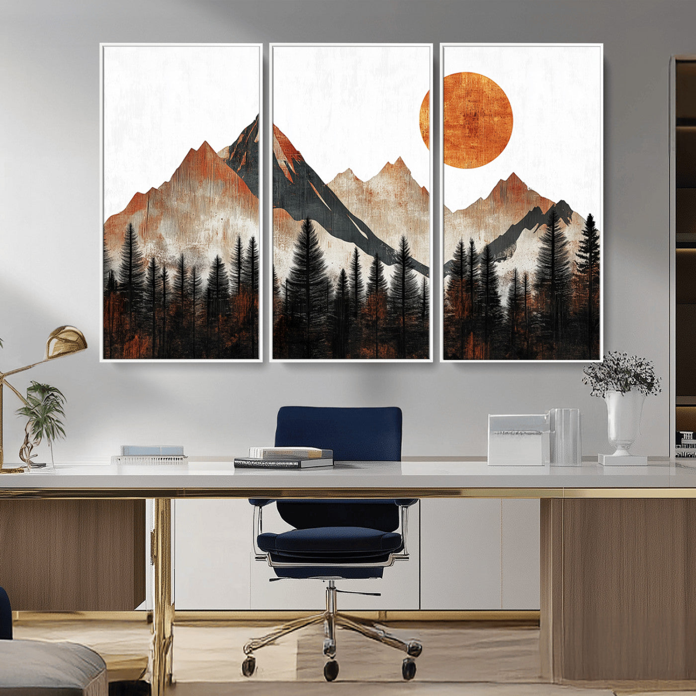 MGV-FC-48X32-3P - Modern Abstract Mountain Canvas Wall Art Print, Abstract Landscape Print, Rustic Sun and Mountains