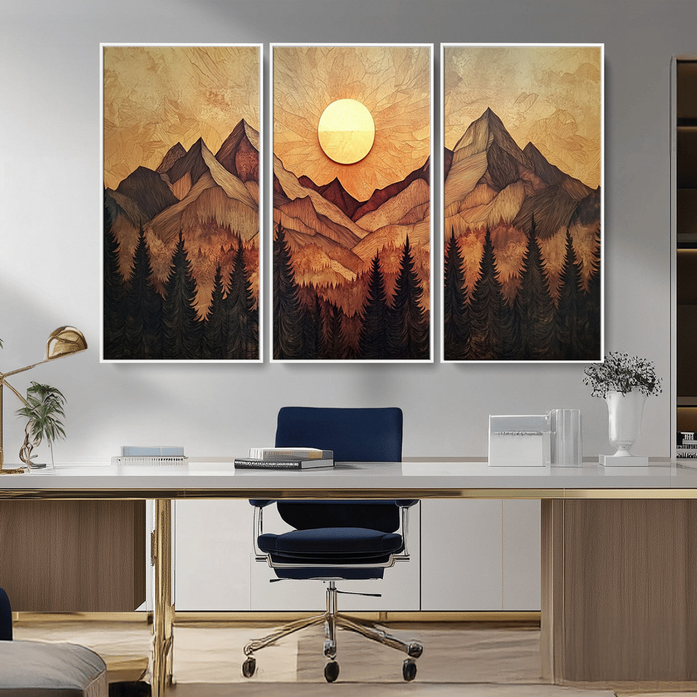 MGV-FC-48X32-3P - Wood Style Abstract Mountain Sunset Canvas Wall Art Print - Warm Earth Nature-Inspired Decor for