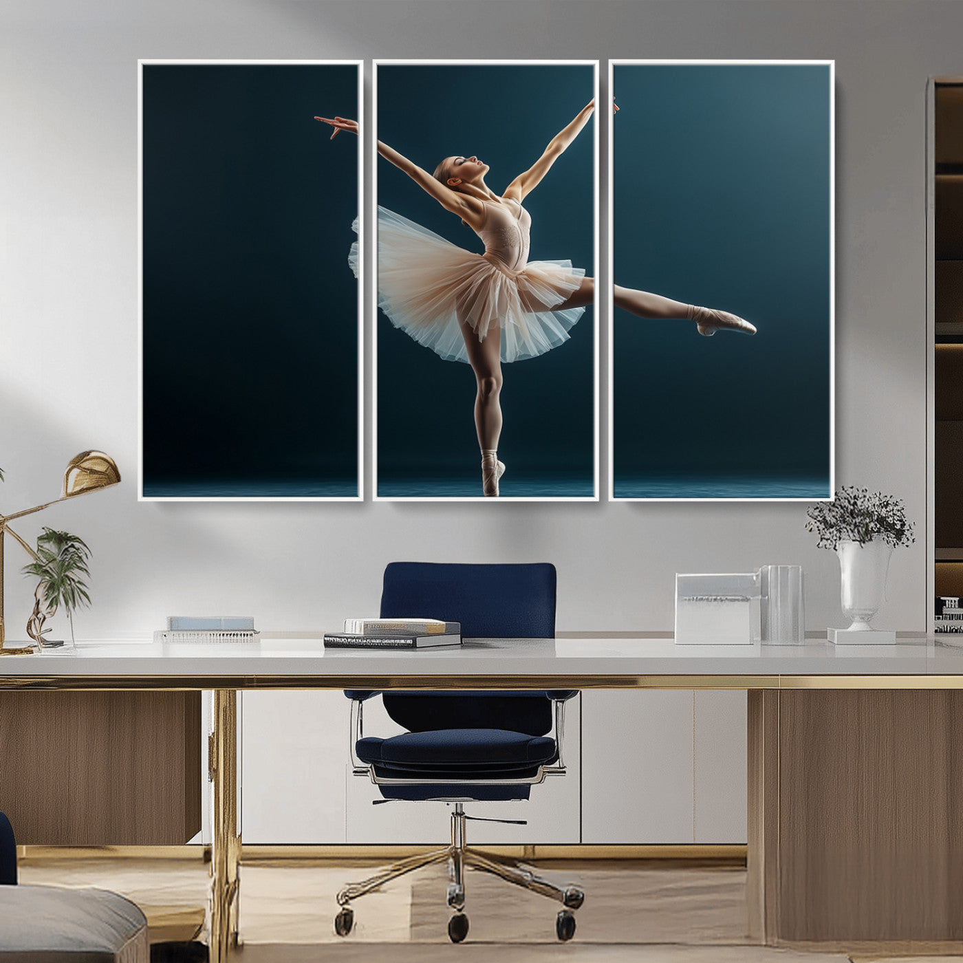 An elegant ballerina captured mid-pose on pointe, radiating grace and strength in a perfectly lit studio setting, her tutu fanned out in delicate symmetry.
