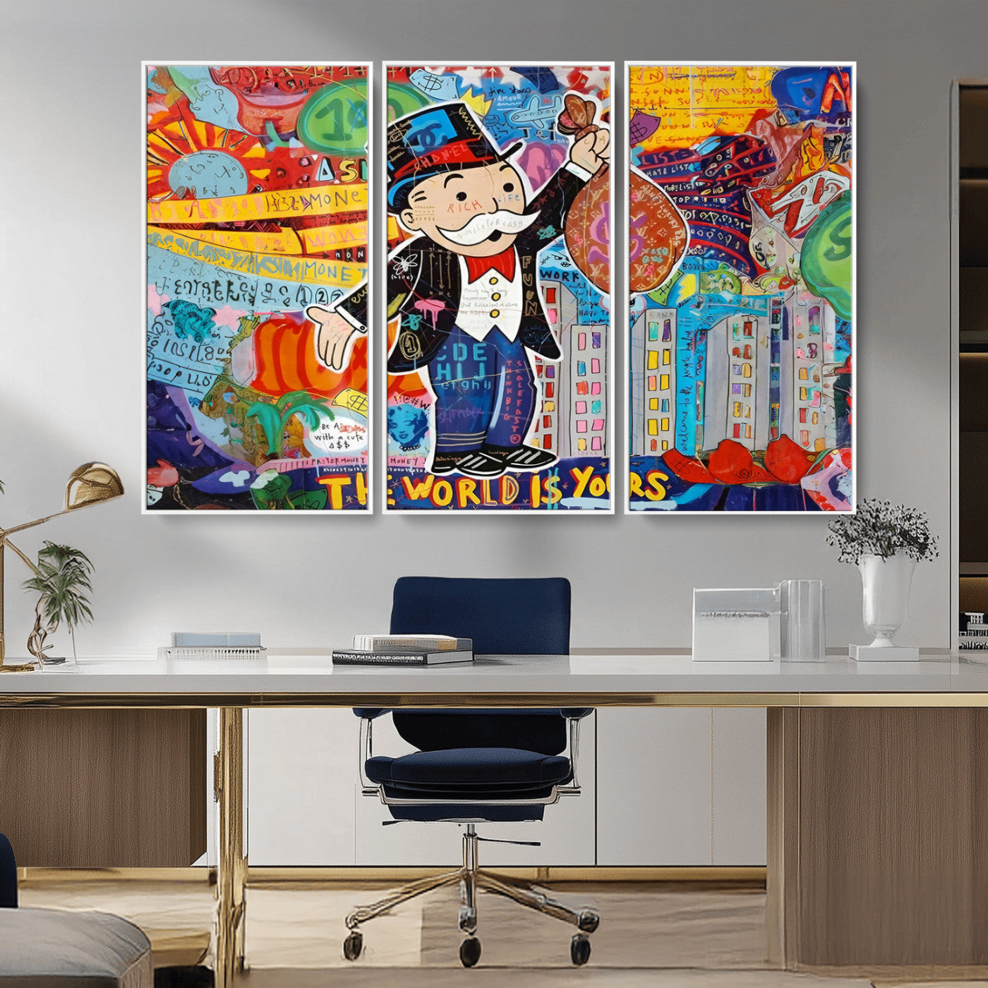 MGV-FC-48X32-3P - Pop Art Monopoly Man Canvas Wall Art Print - Bold and Colorful Street Art-Inspired Decor for Living