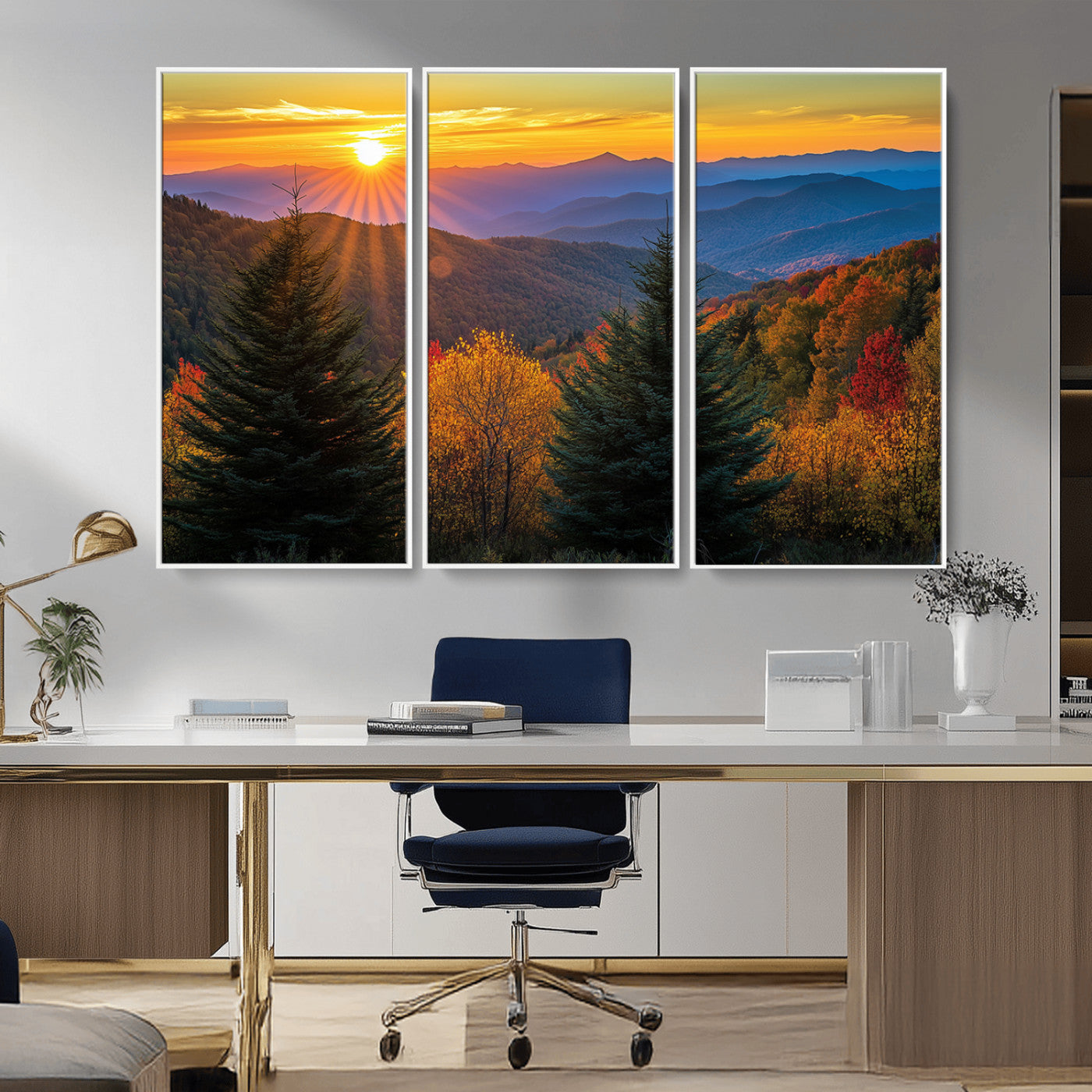 MGV-FC-48X32-3P - Golden Sunset Over Mountain Forest Canvas Wall Art Print - Warm Nature-Inspired Landscape for Living