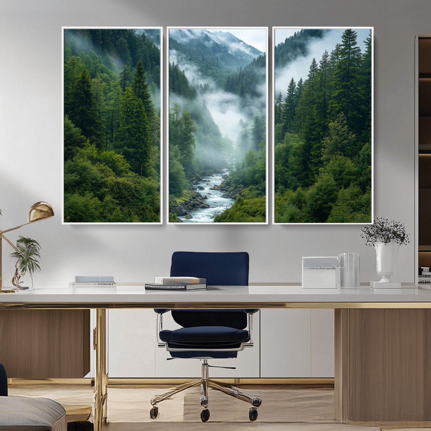 MGV-FC-48X32-3P - Mountain Forest River Canvas Wall Art Print - Serene Nature Landscape for Living Room, Office, or