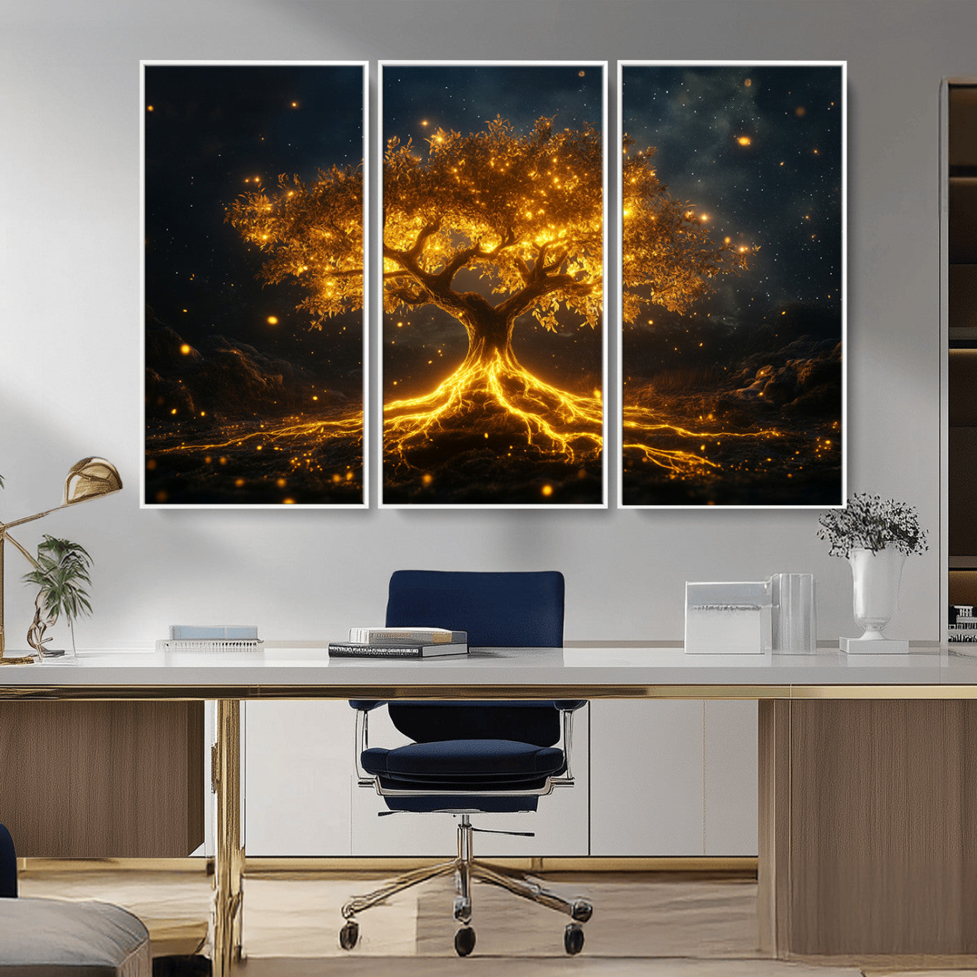 MGV-FC-48X32-3P - Golden Tree of Life Canvas Wall Art Print - Majestic Glowing Tree Design for Living Room, Office, or