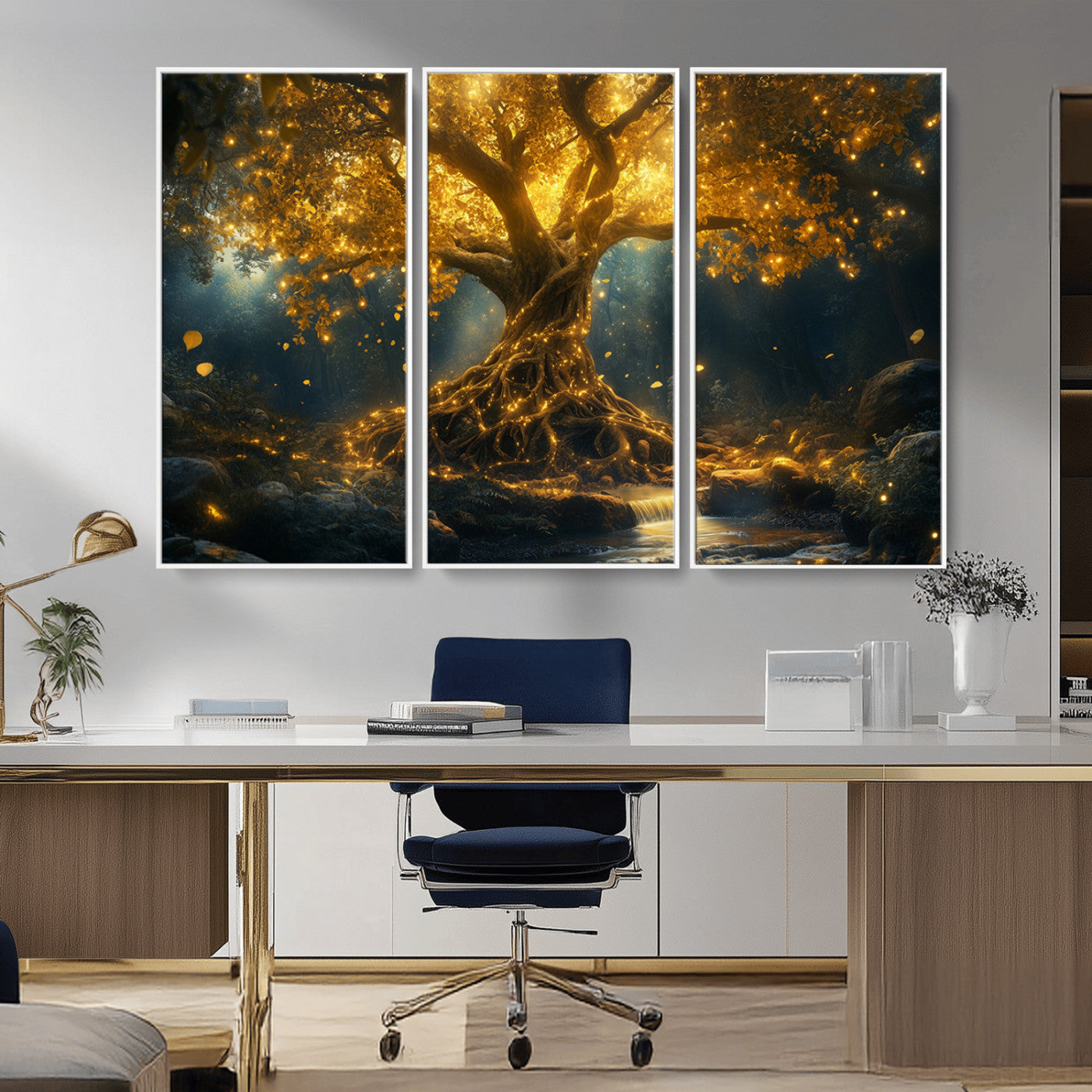 MGV-FC-48X32-3P - Golden Tree of Life Canvas Wall Art Print - Majestic Glowing Tree Wall Art Print