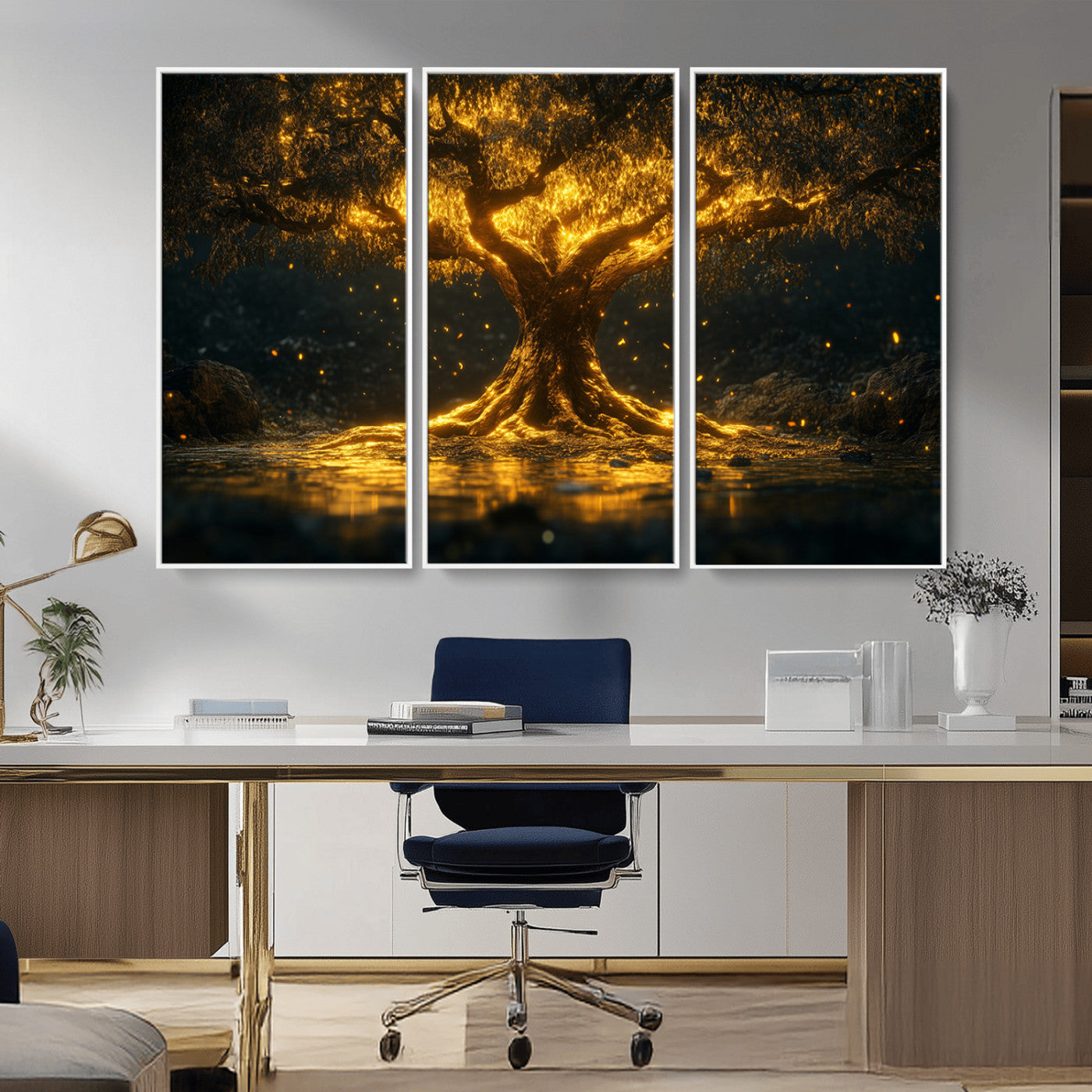 MGV-FC-48X32-3P - Golden Tree of Life Canvas Wall Art Print - Majestic Glowing Tree Wall Art Print