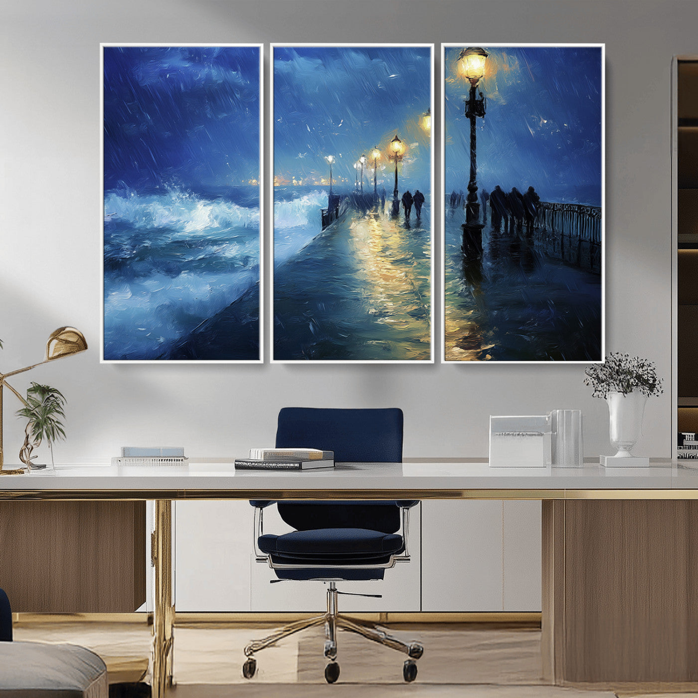 MGV-FC-48X32-3P - Abstract Stormy Ocean Pier Canvas Wall Art Print | Stormy Ocean Art | Large Moody Night Scene Print,
