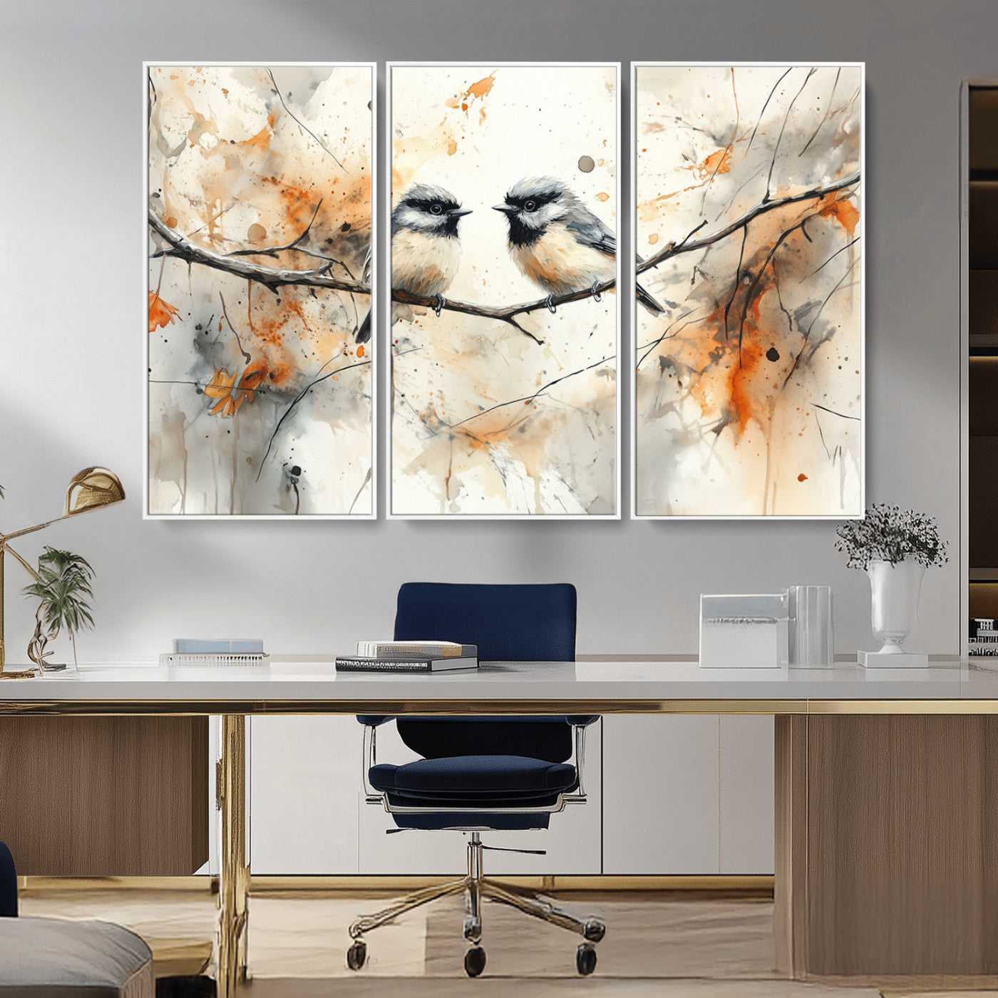 A soft and elegant watercolor painting of two chickadees perched on a delicate branch, surrounded by splashes of orange and neutral tones evoking a calm autumn day.