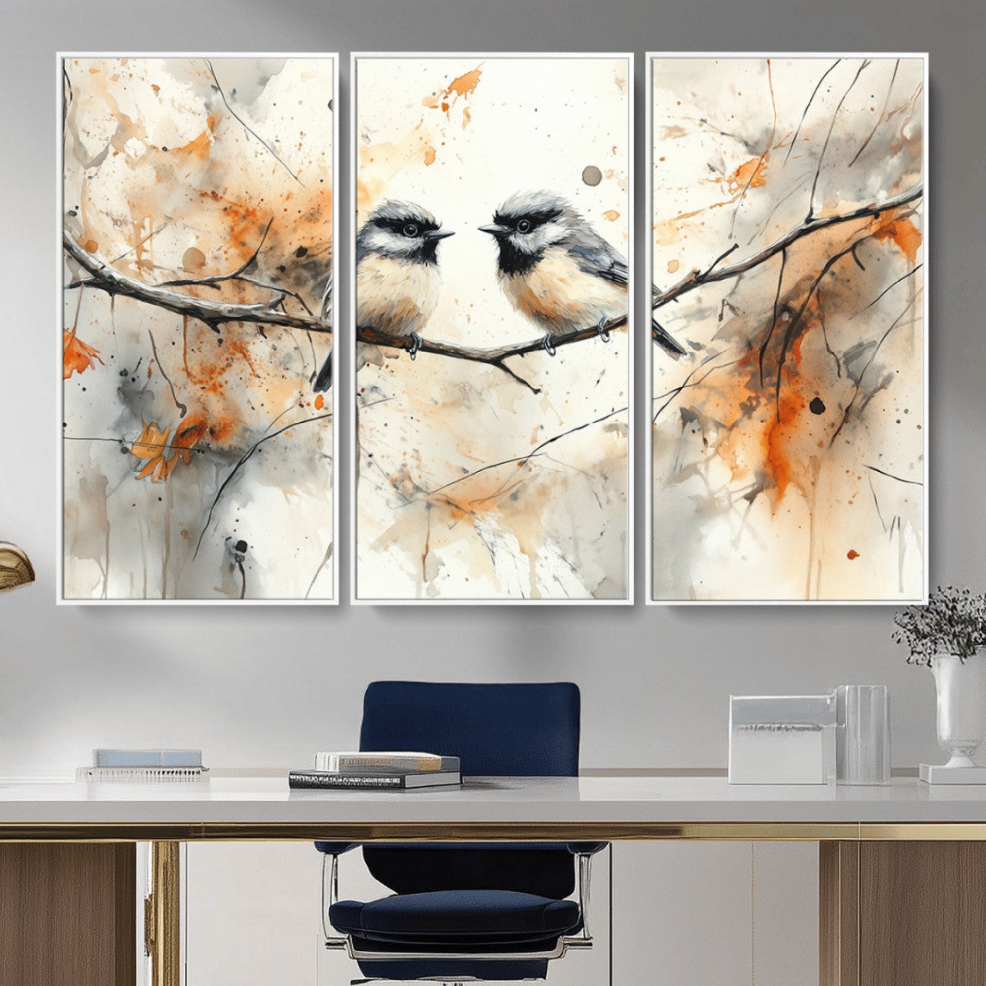 98244-MGV-CV-48X32-3P-Beautiful Birds Wall Art – Framed Watercolor Branch Canvas Artwork, Elegant Nature Design, Vibrant Decor for Home, Office