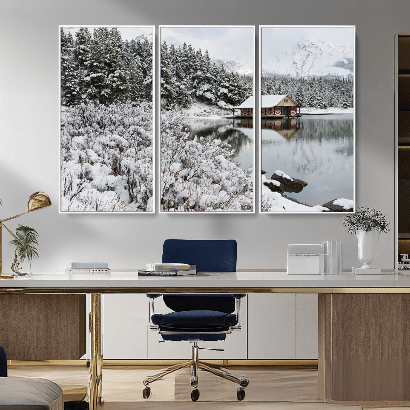 MGV-FC-48X32-3P - Winter Wall Art - Cabin by the Lake Canvas Wall Art - Serene Snowy Landscape with Mountain View,