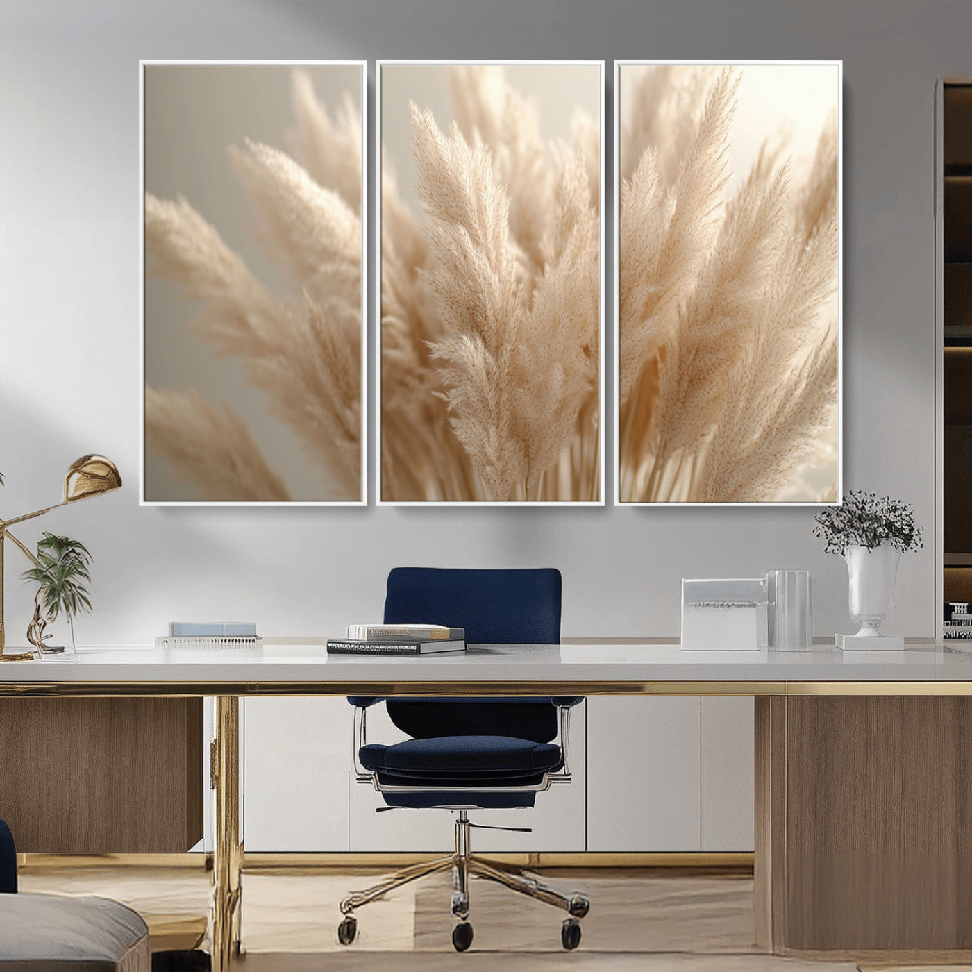 MGV-FC-48X32-3P - Pampas Grass Canvas Wall Art - Elegant Neutral Decor for Living Room, Boho Minimalist Artwork, Ready