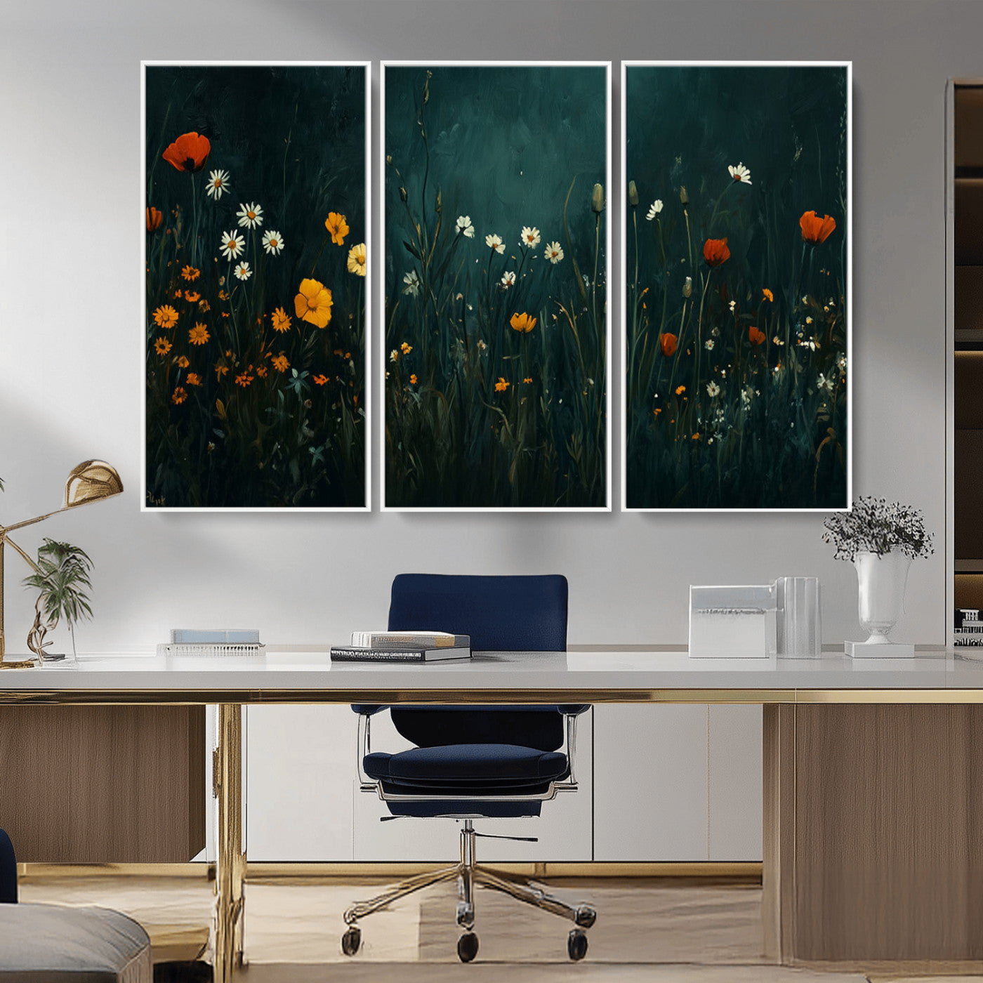 MGV-FC-48X32-3P - Framed Wildflower Field Wall Art, Framed Vintage Botanical Landscape Sign, Floral Decor, Modern