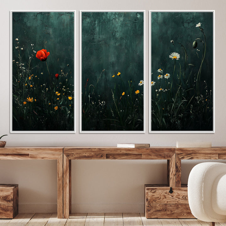 Wildflower Field Framed Wall Art, Vintage Botanical Landscape Sign, Botanical Wall Art, Modern Farmhouse Canvas Art, Field Of Flowers Canvas Print