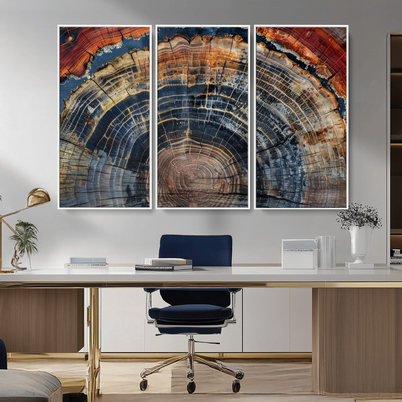 MGV-FC-48X32-3P - Abstract Tree Ring Wall Art, Colorful Framed Tree Ring Wall Decor, Minimalist Home Canvas Art,