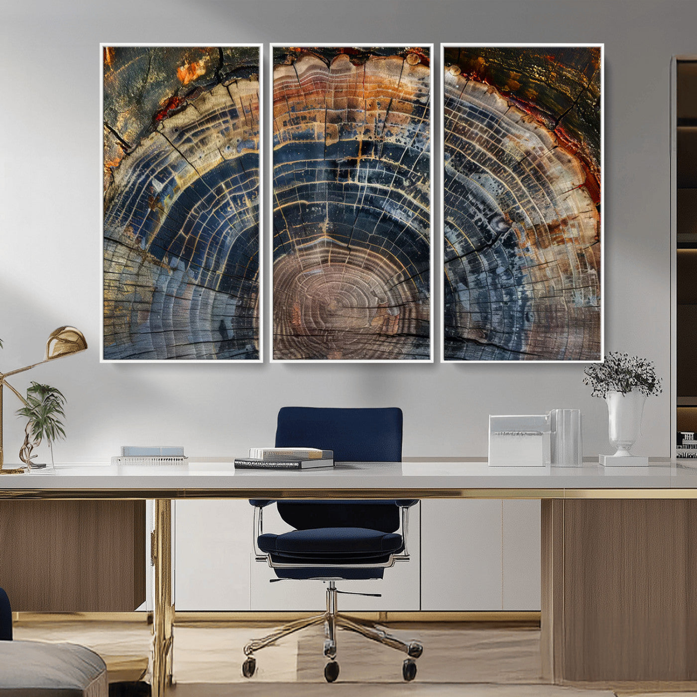 MGV-FC-48X32-3P - Framed Tree Ring Wall Art - Abstract Colorful Tree Ring Wall Decor, Minimalist Home Canvas Art,