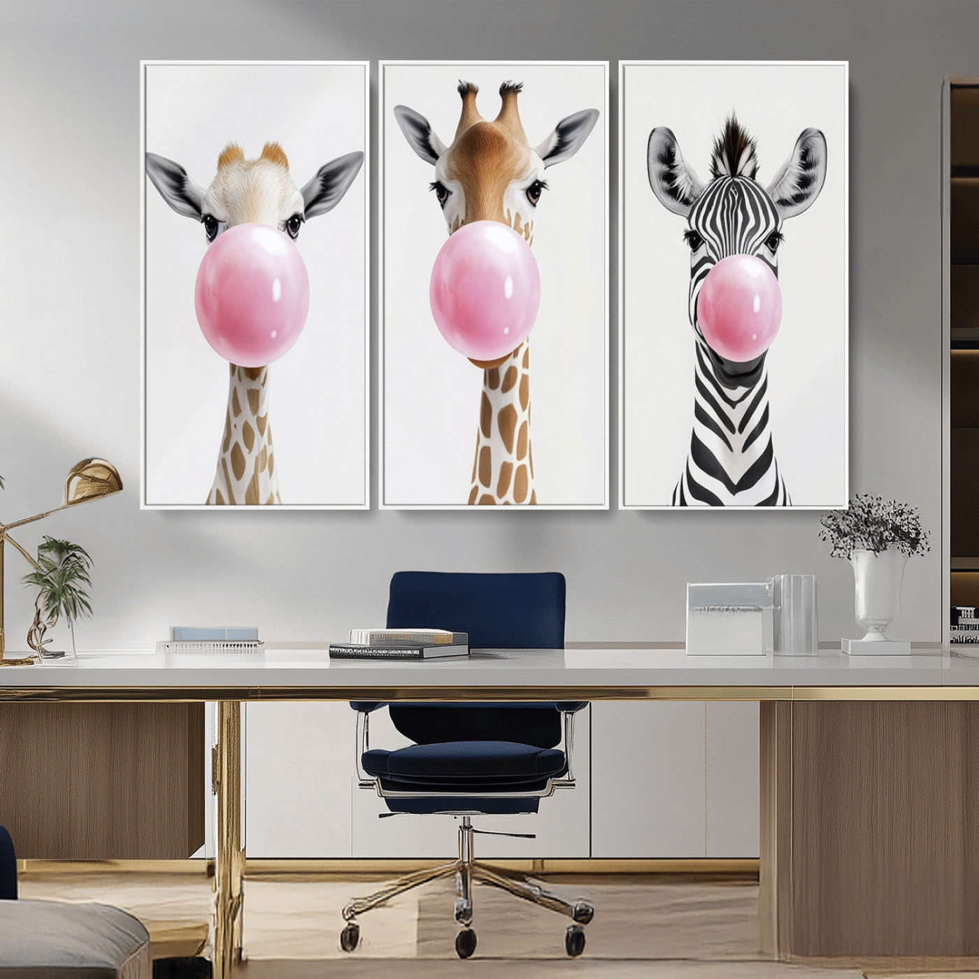 MGV-FC-48X32-3P - Bubblegum Animals Canvas Wall Art - Playful Giraffe and Zebra Trio, Fun Nursery Decor for Kids'