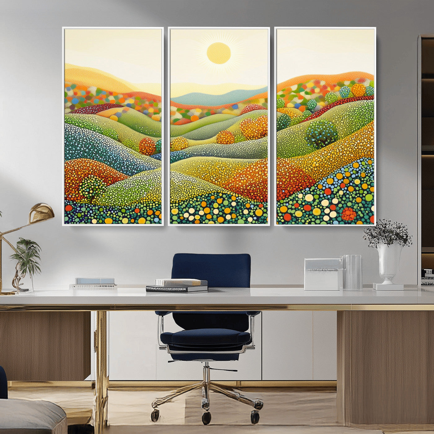 MGV-FC-48X32-3P - YAYOI KUSAMA Wall Art - Colorful Dot Art Landscape Canvas, Framed Japanese Dot Art