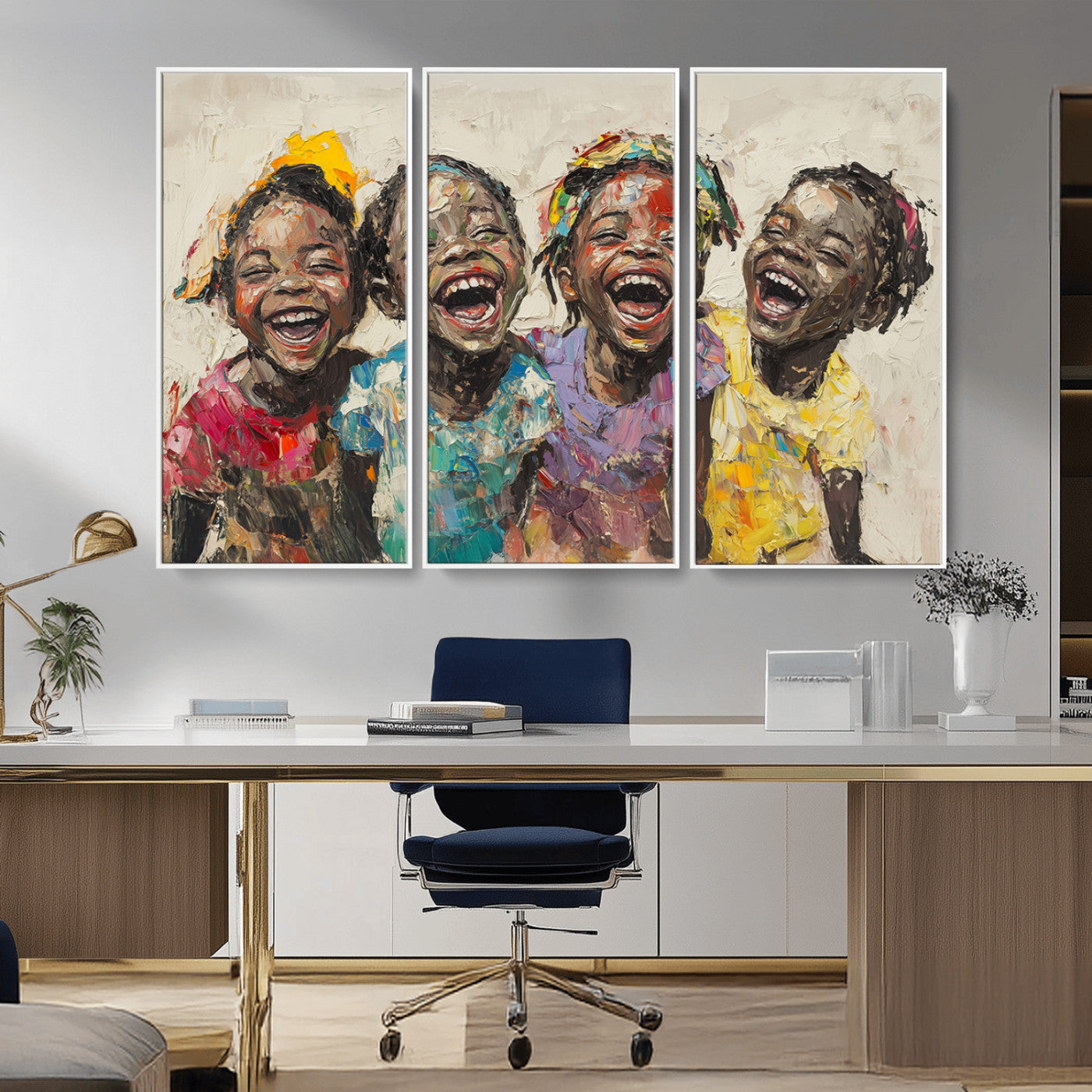 MGV-FC-48X32-3P - Shai Yossef style Joyful Childhood Canvas Wall Art - Expressive Impasto Painting of Black Children