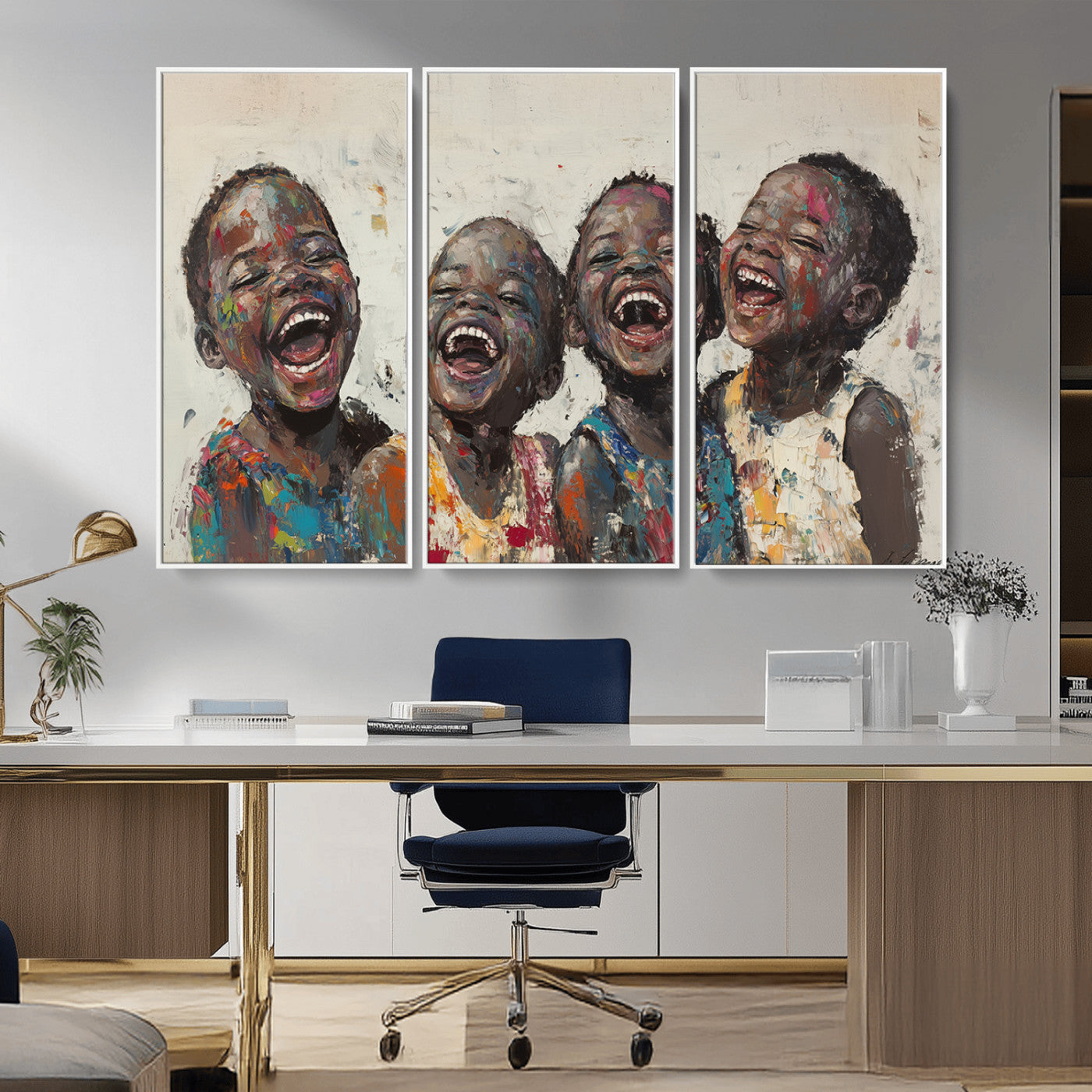 85256-MGV-FC-48X32-3P_White-Shai Yossef Print - Joyful Childhood Canvas Wall Art - Expressive Impasto Painting of Laughing