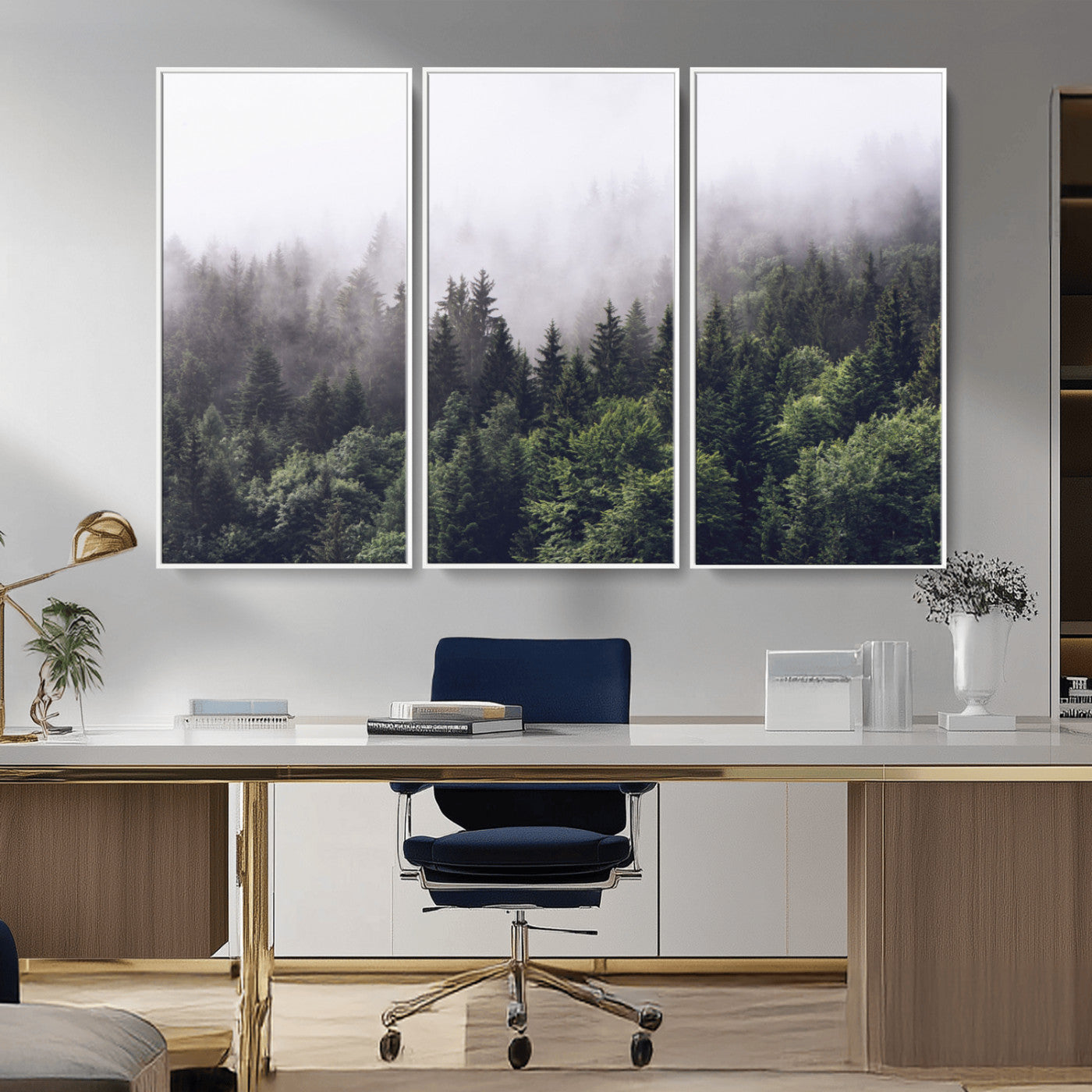MGV-FC-48X32-3P - Misty Forest Canvas Wall Art – Serene Triptych Nature Print – Woodland Landscape Decor for Living
