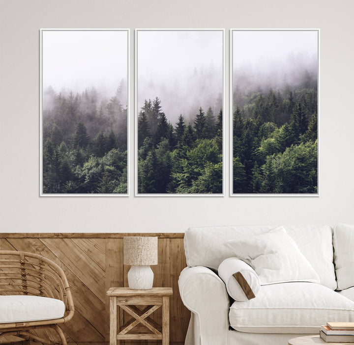 A serene triptych nature print featuring a misty forest, perfect as wall art.