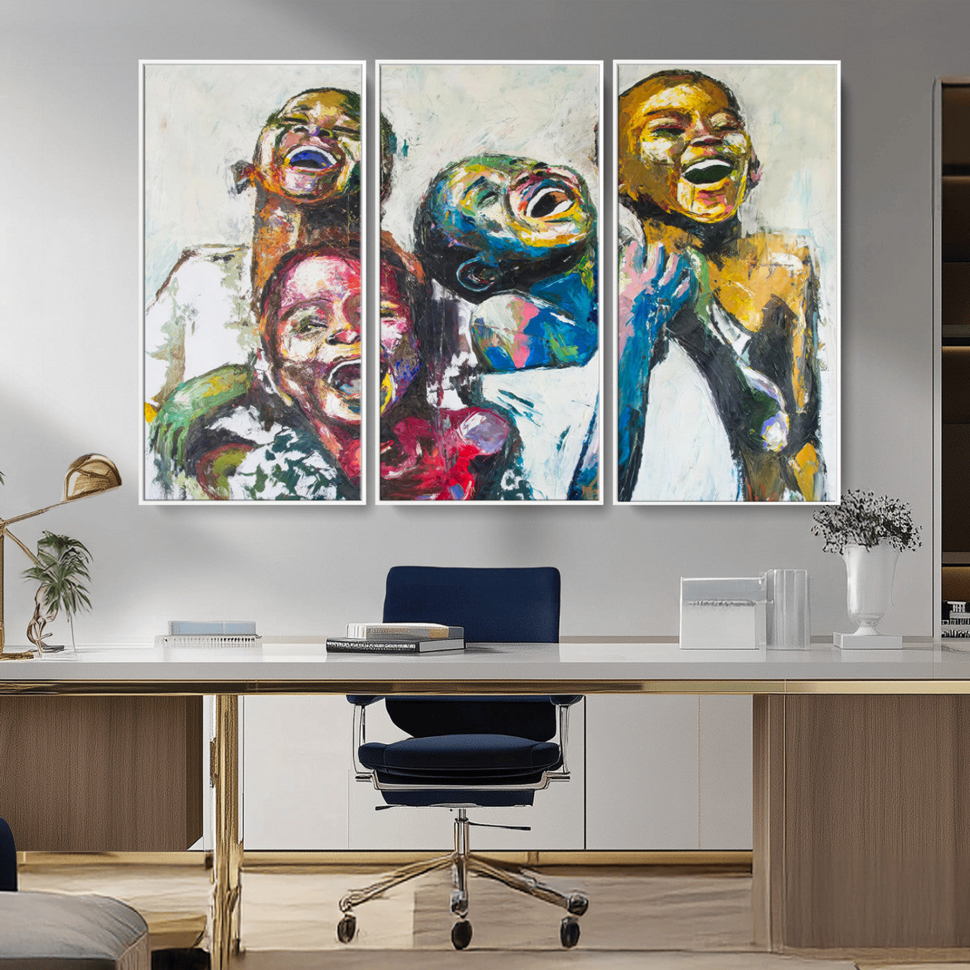 MGV-FC-48X32-3P - Shai Yossef Style Canvas Art - Joyful African Black Kids Impasto Painting with Vibrant Brushstrokes,