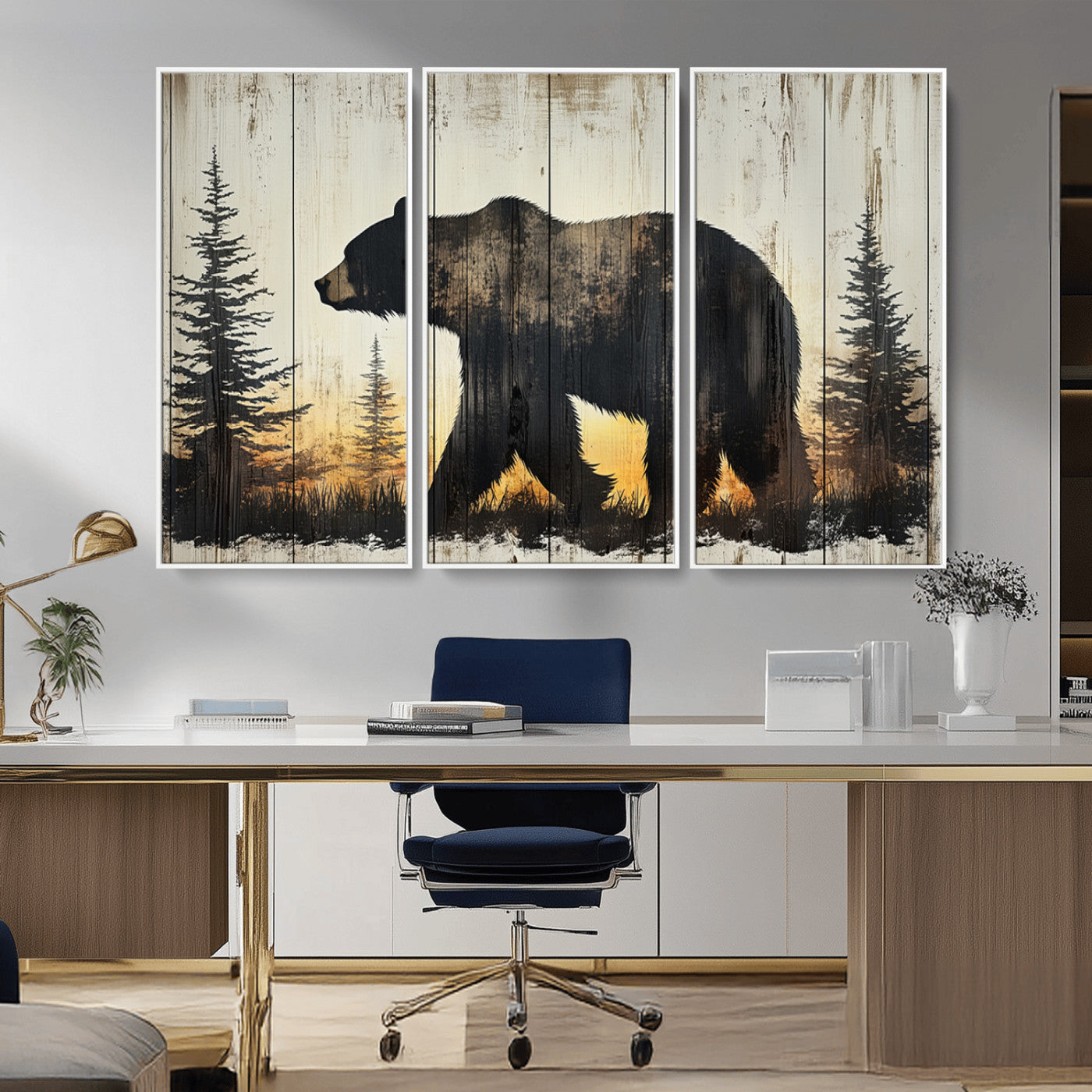 83875-MGV-CV-36X24-Vintage Bear Wall Art Canvas Print for Farmhouse - Mountain Wood Canvas Wall Art - Forest Silhouette